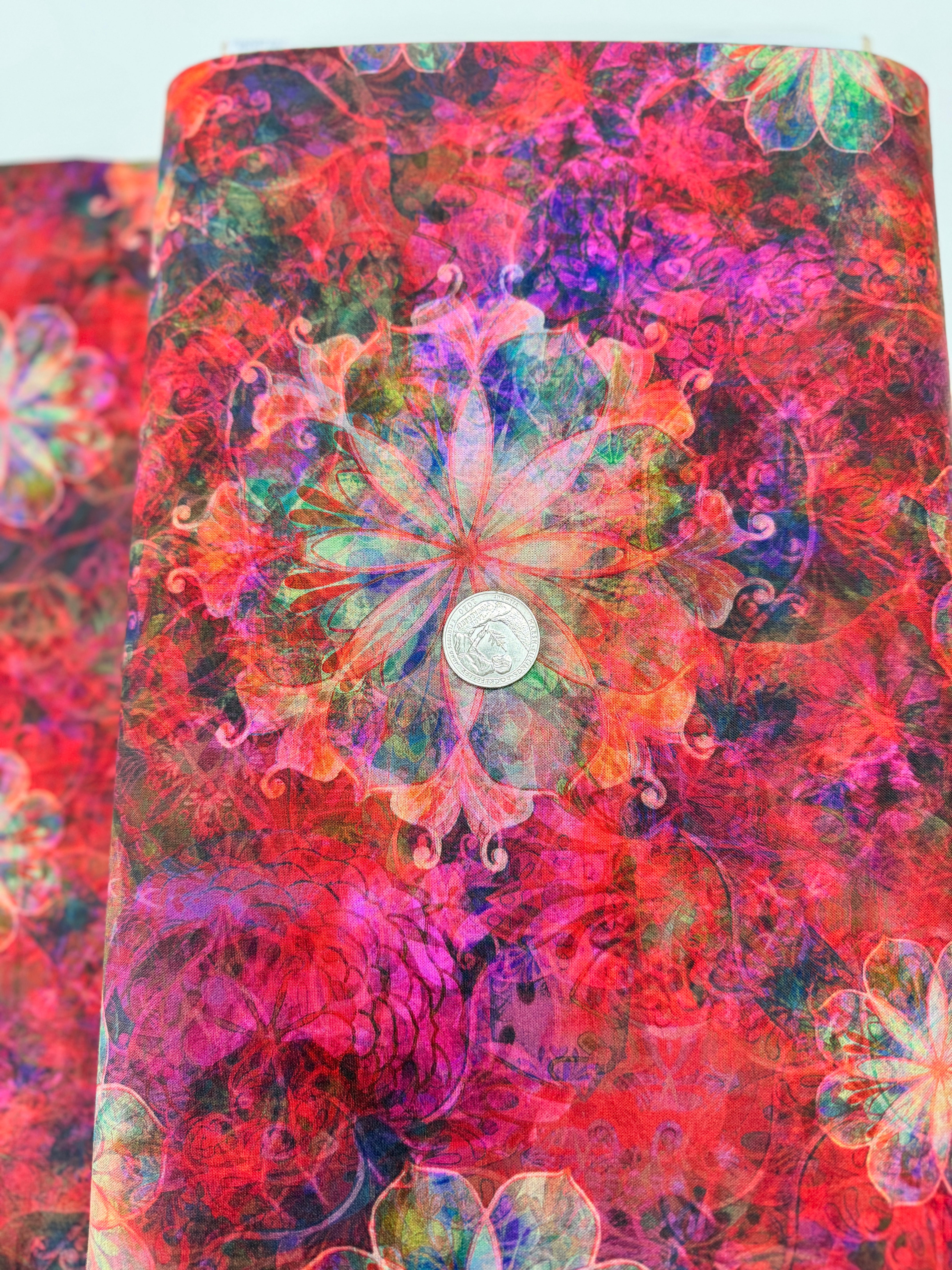 Venice – Florals Red Fabric by Christiane Marques, red and coral painterly floral cotton from Robert Kaufman.