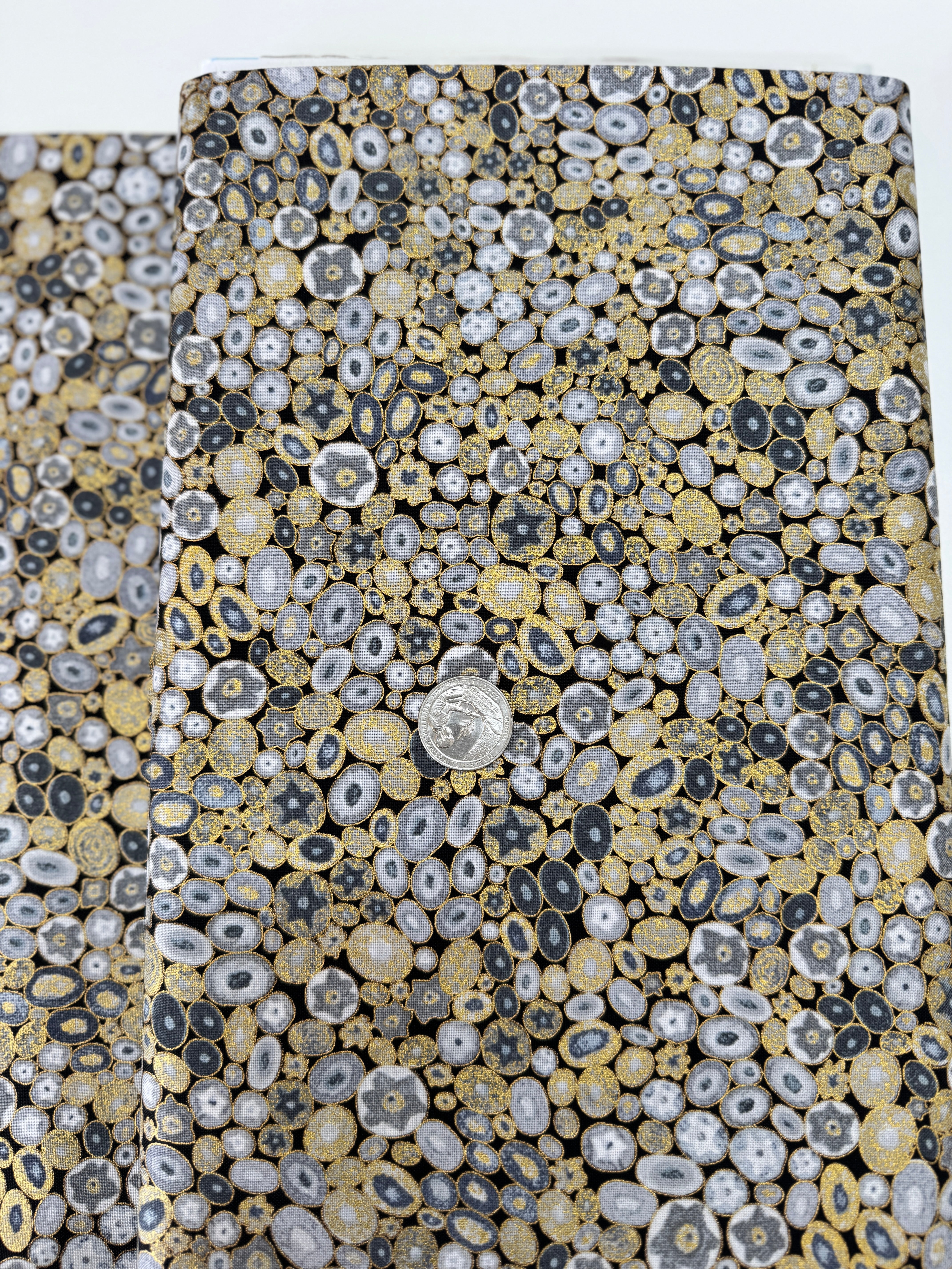 Gustav Klimt Grey Gold Metallic Fabric by Studio RK for Robert Kaufman – abstract metallic cotton in soft grey with gold accents.