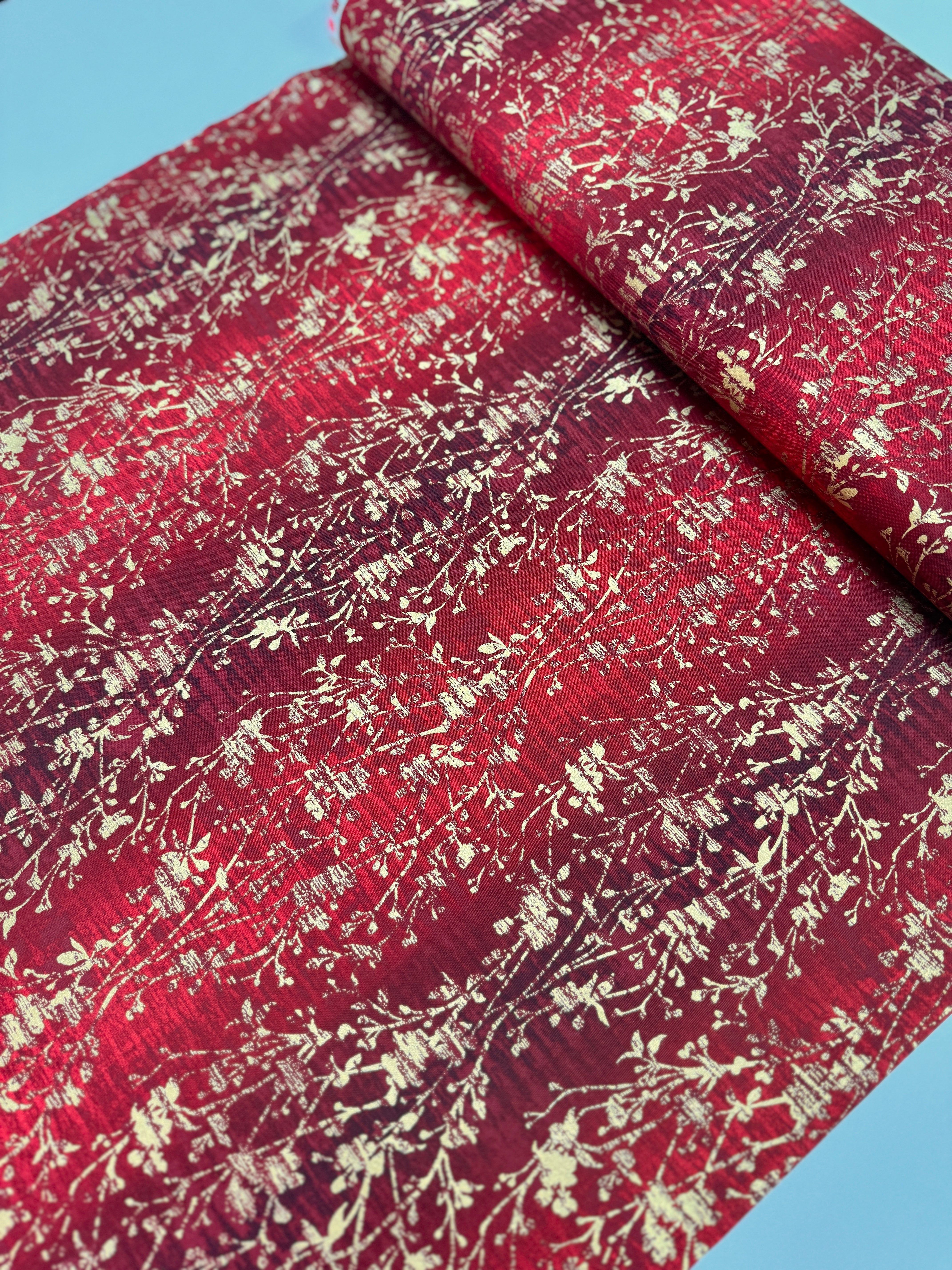 Velvety Vines Red Velvet Metallic Fabric by Flaurie & Finch – Holiday Twinkle red vine print with metallic on cotton.