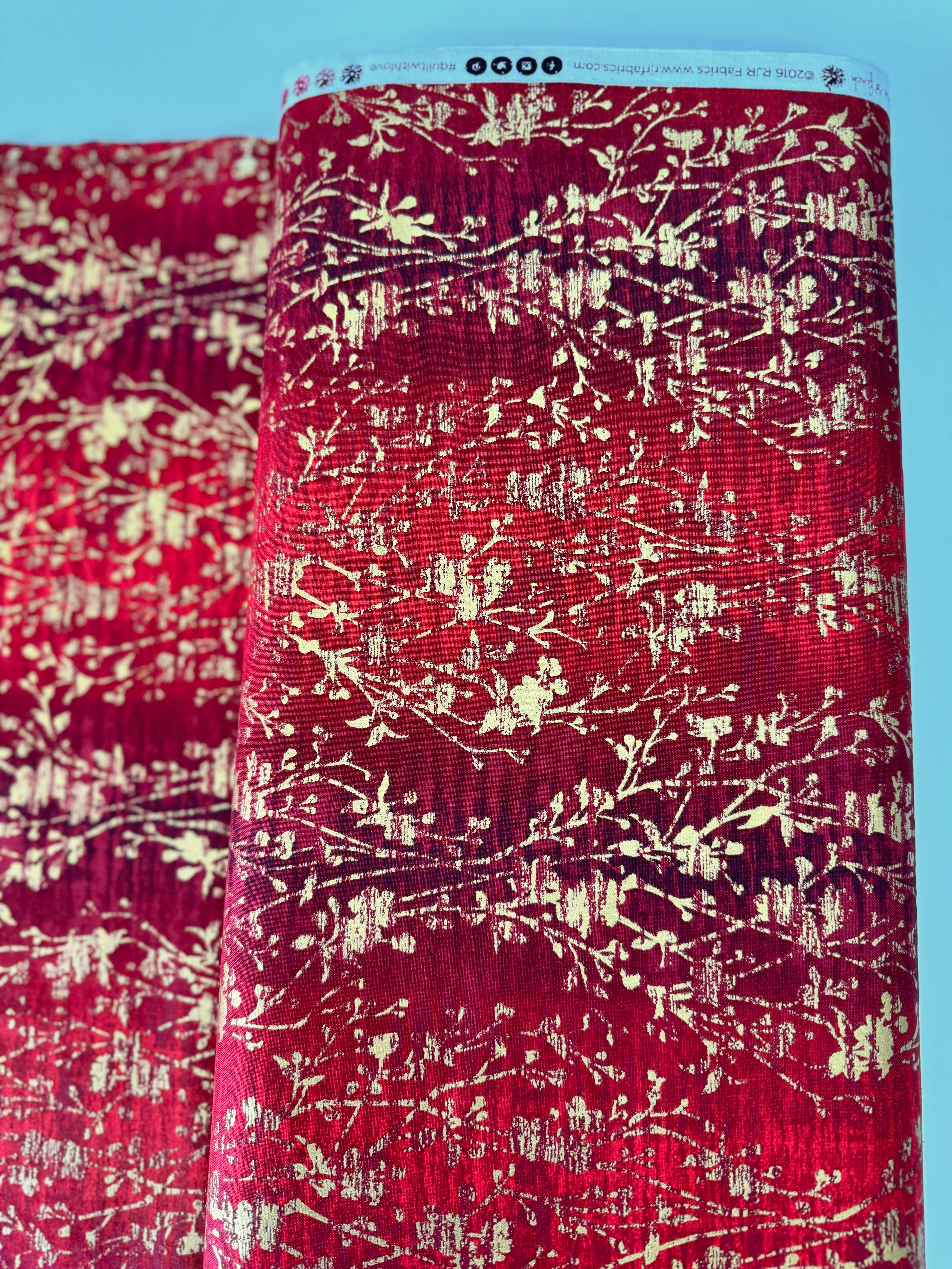Velvety Vines Red Velvet Metallic Fabric by Flaurie & Finch – Holiday Twinkle red vine print with metallic on cotton.