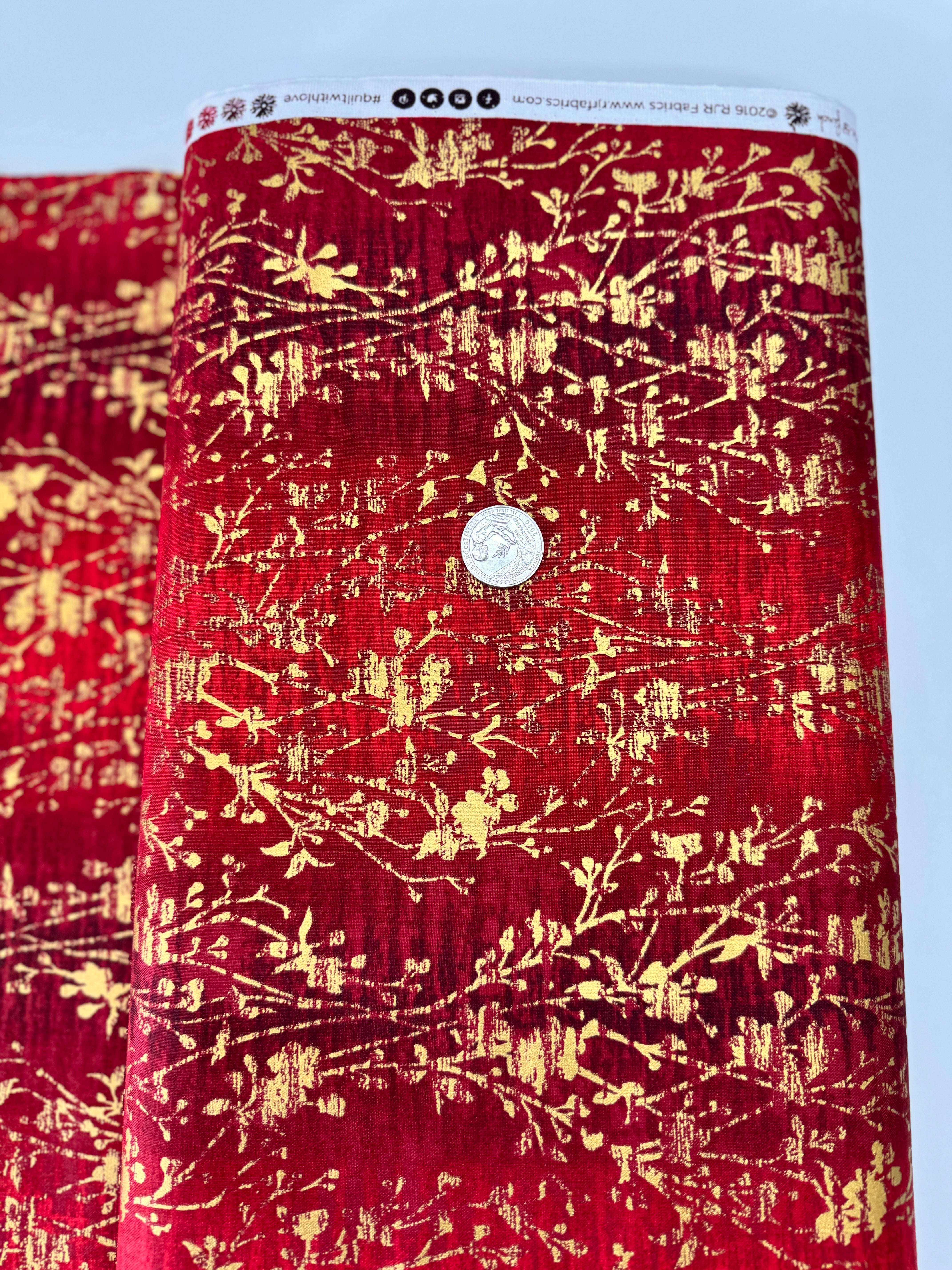 Velvety Vines Red Velvet Metallic Fabric by Flaurie & Finch – Holiday Twinkle red vine print with metallic on cotton.