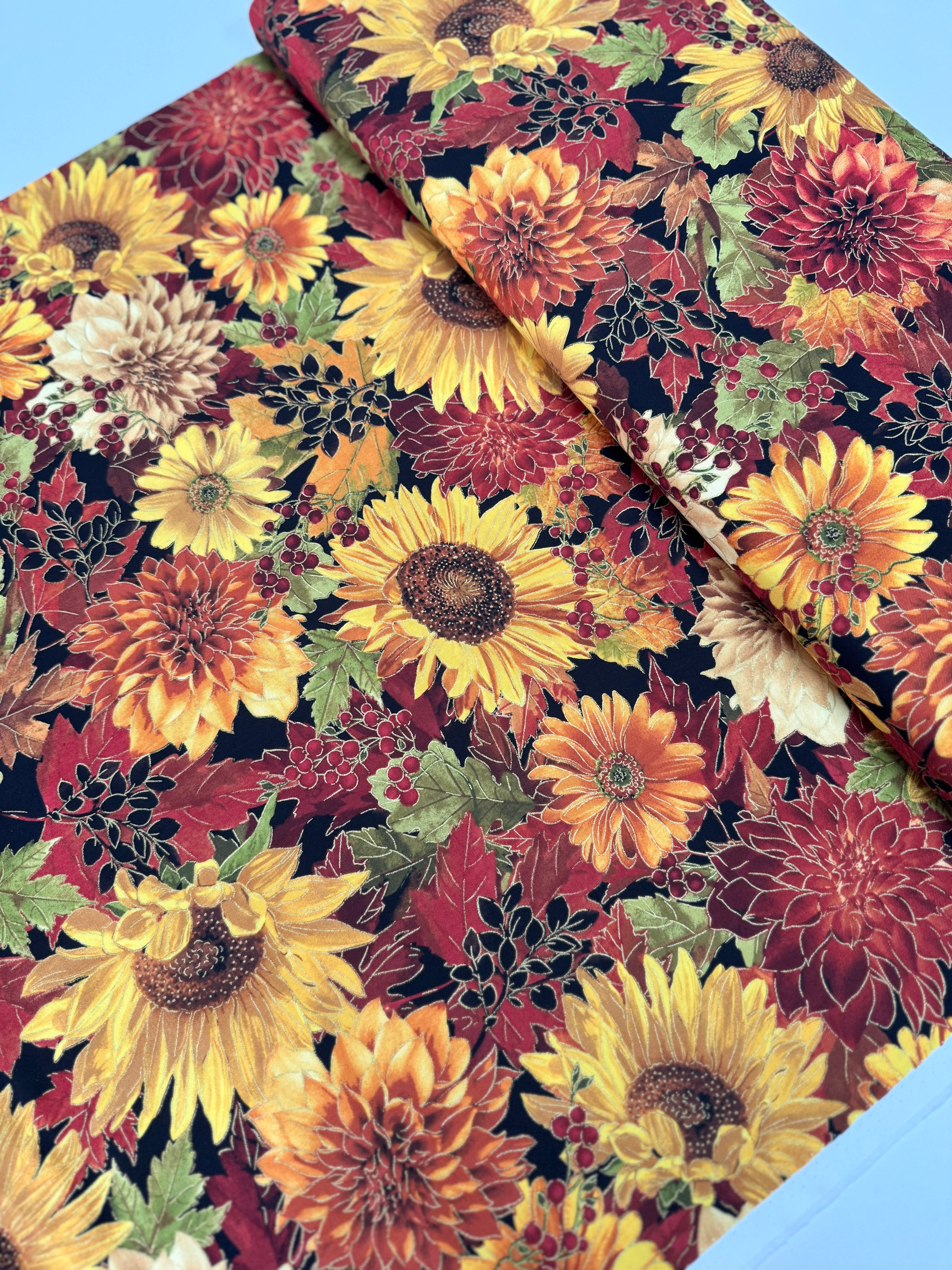 Fall Glory – Harvest Flowers Metallic Fabric by Timeless Treasures, autumn floral cotton with gold accents.