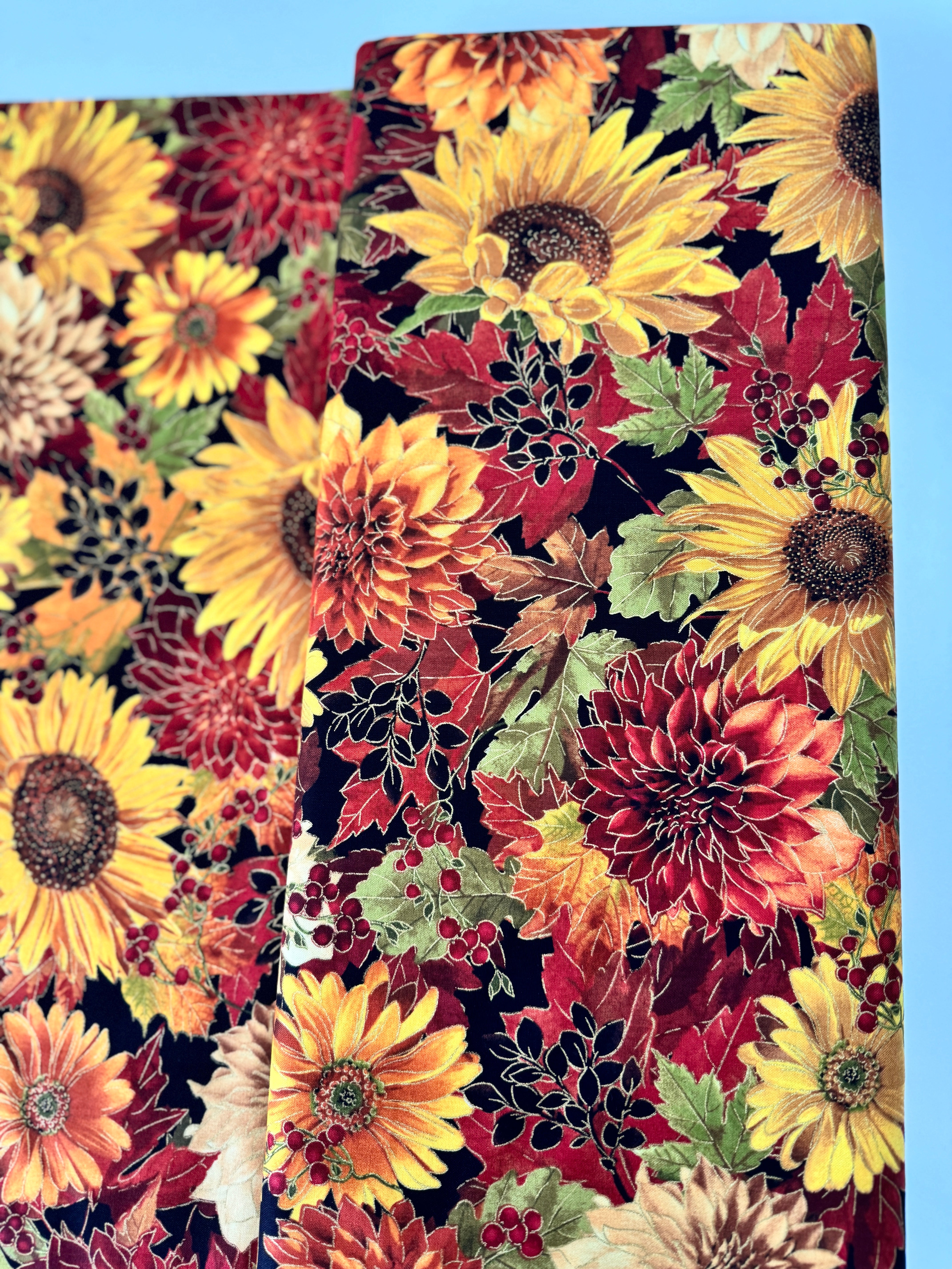 Fall Glory – Harvest Flowers Metallic Fabric by Timeless Treasures, autumn floral cotton with gold accents.