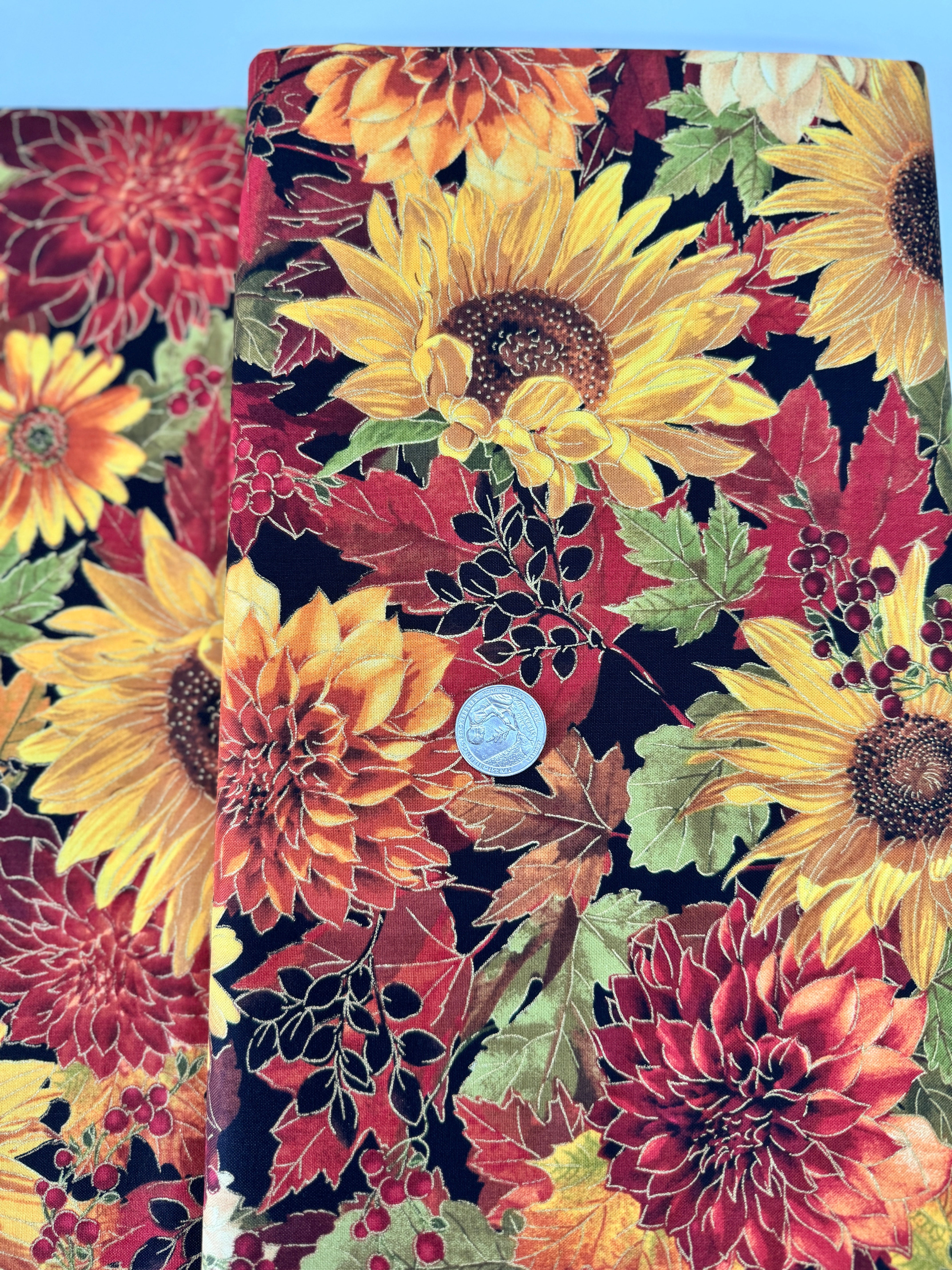 Fall Glory – Harvest Flowers Metallic Fabric by Timeless Treasures, autumn floral cotton with gold accents.