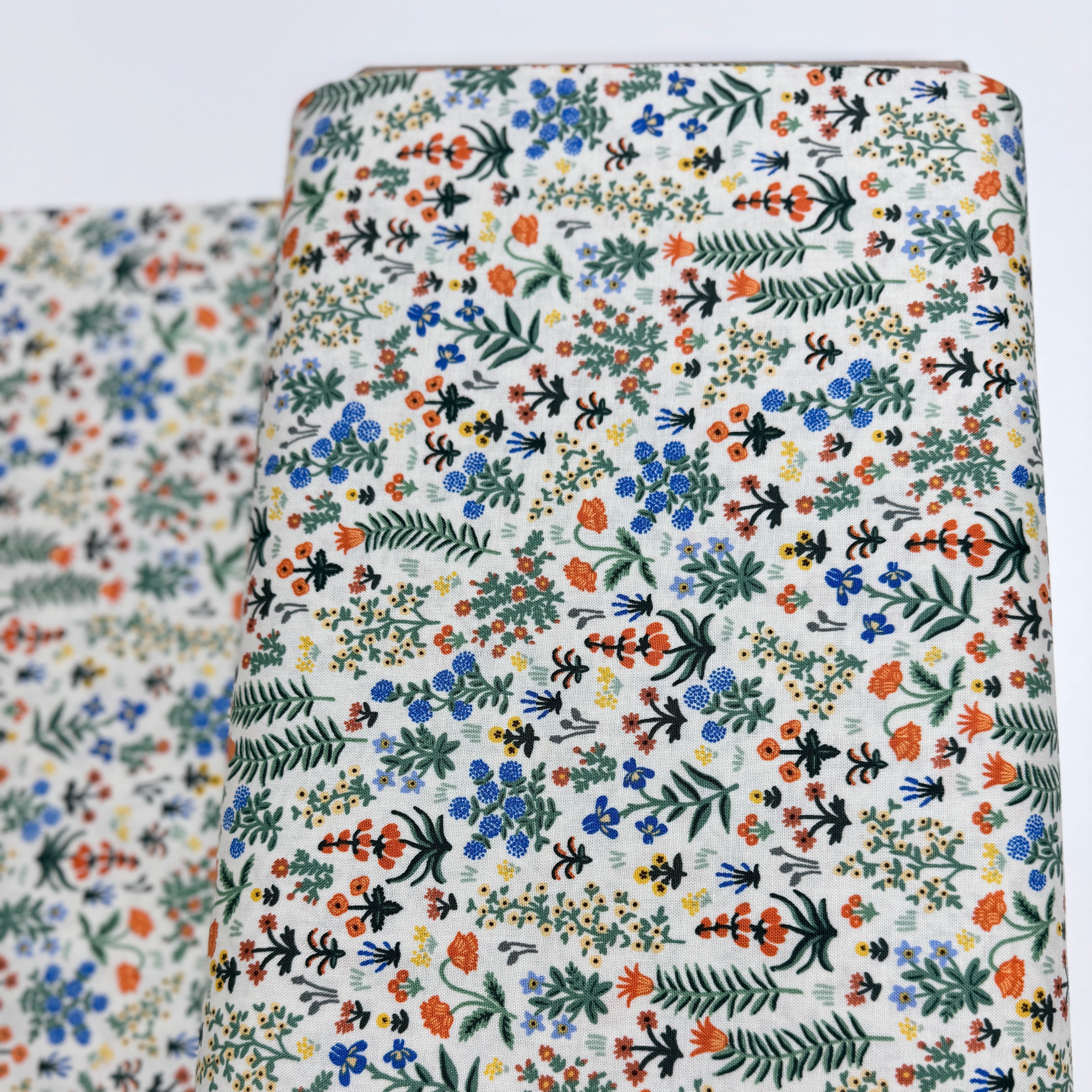 Camont Menagerie Garden Cream quilting cotton by Rifle Paper Co. for Cotton + Steel has flowers and fern like leaves on a cream background.