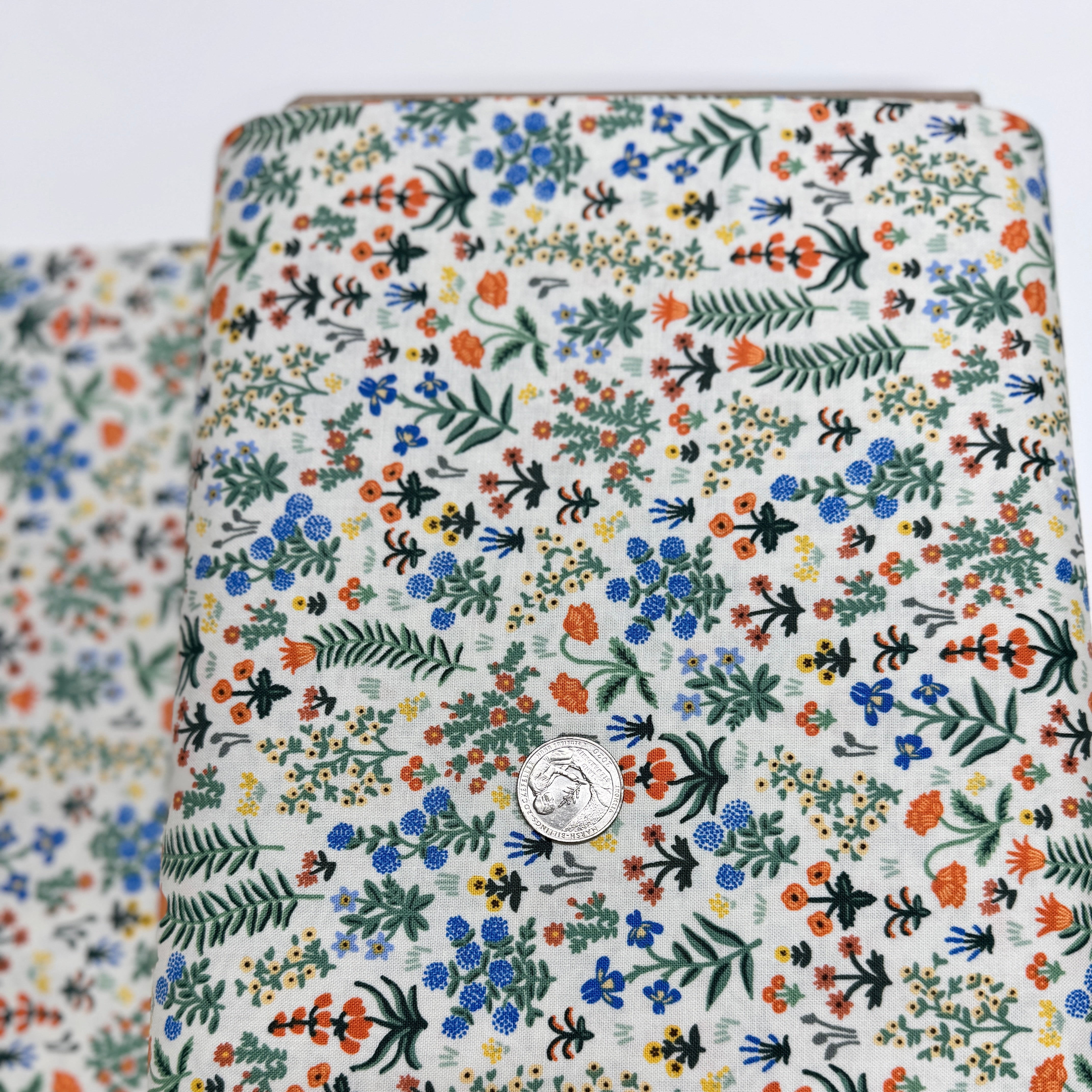 Camont Menagerie Garden Cream quilting cotton by Rifle Paper Co. for Cotton + Steel has flowers and fern like leaves on a cream background.