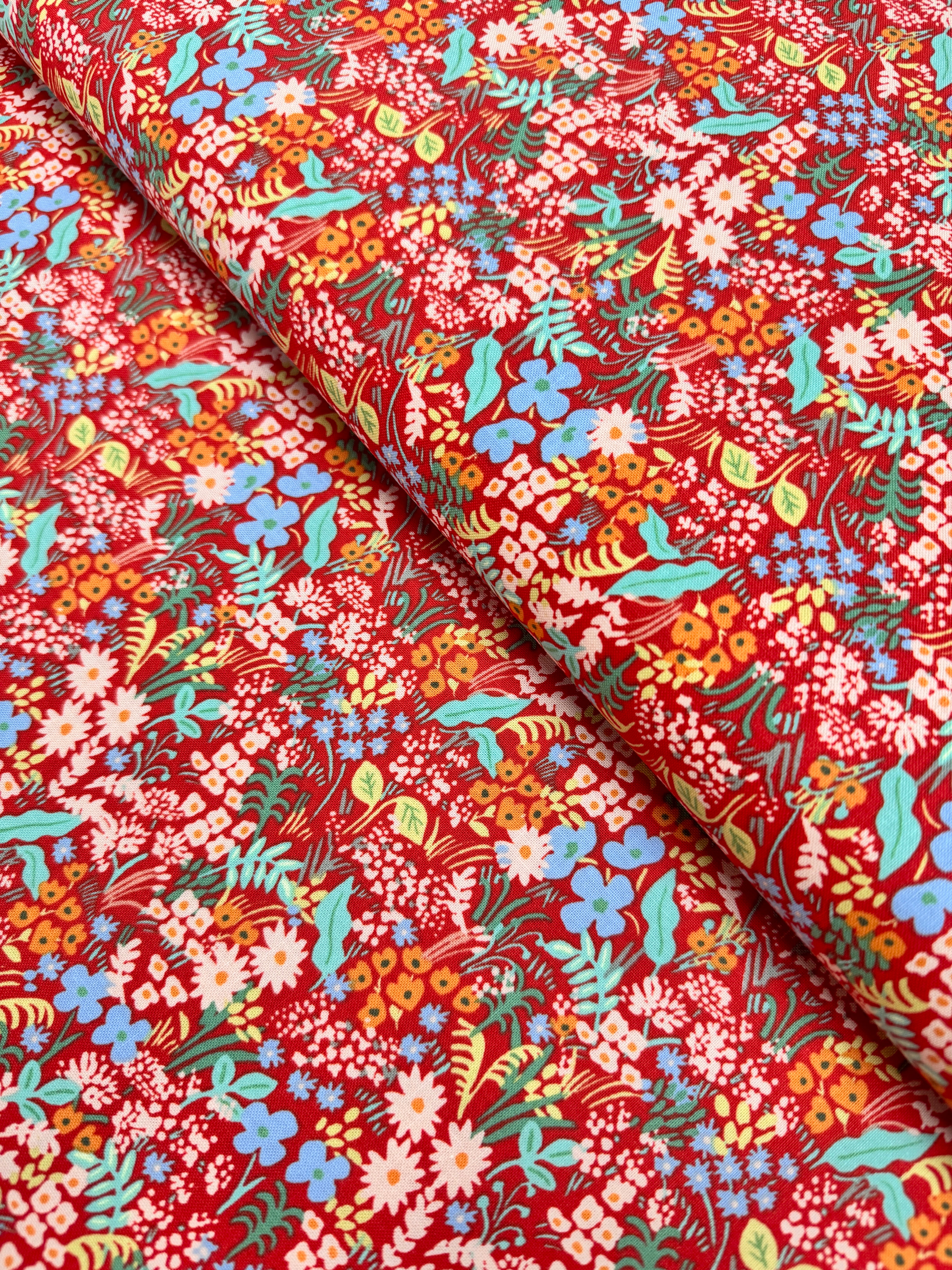 Meadow Red floral fabric by Rifle Paper Co. – 100% cotton quilting fabric with wildflowers on red background.