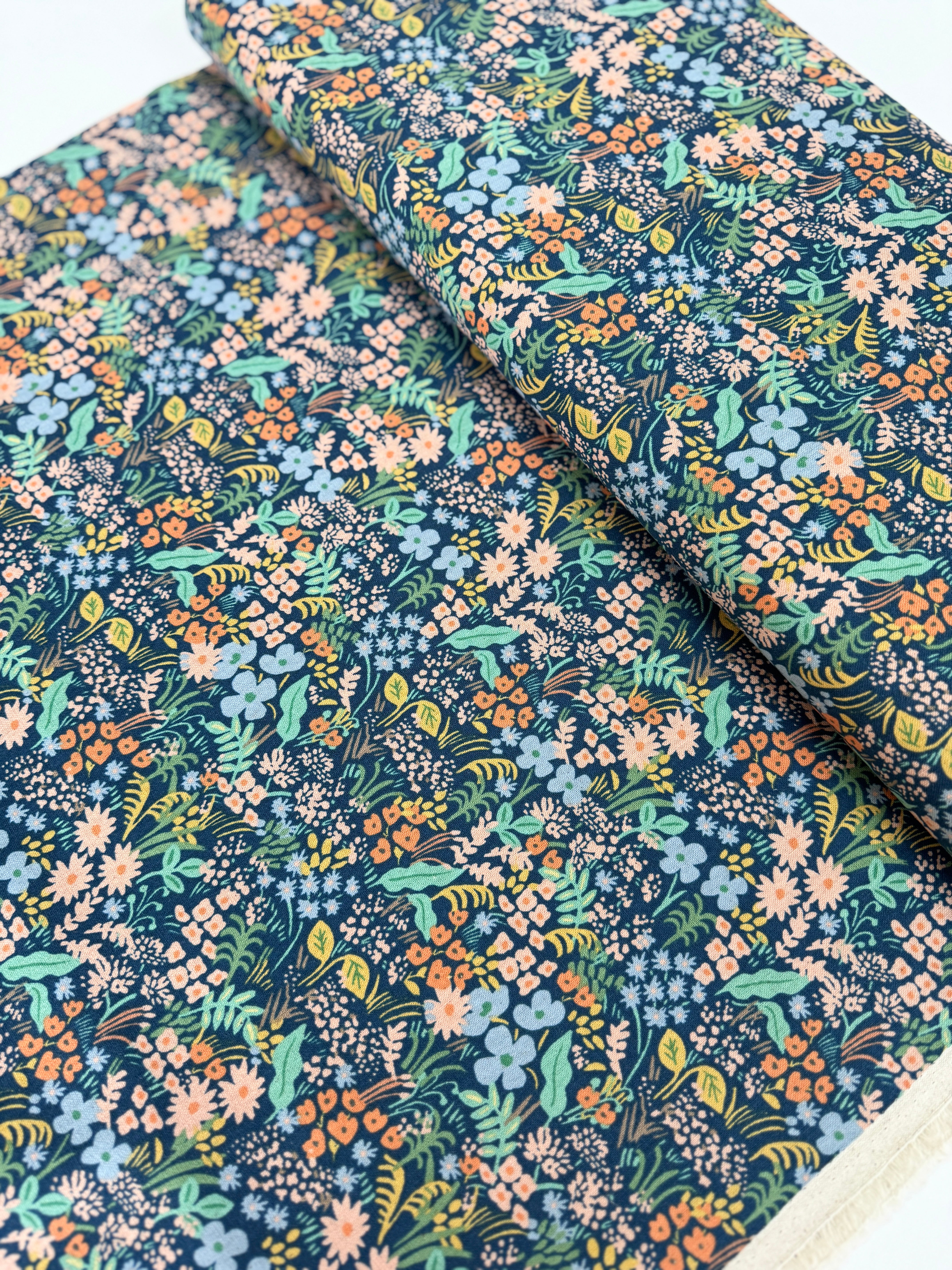 Meadow Blue Canvas Fabric by Rifle Paper Co. for Cotton + Steel – floral print cotton/linen canvas for bags and home décor.