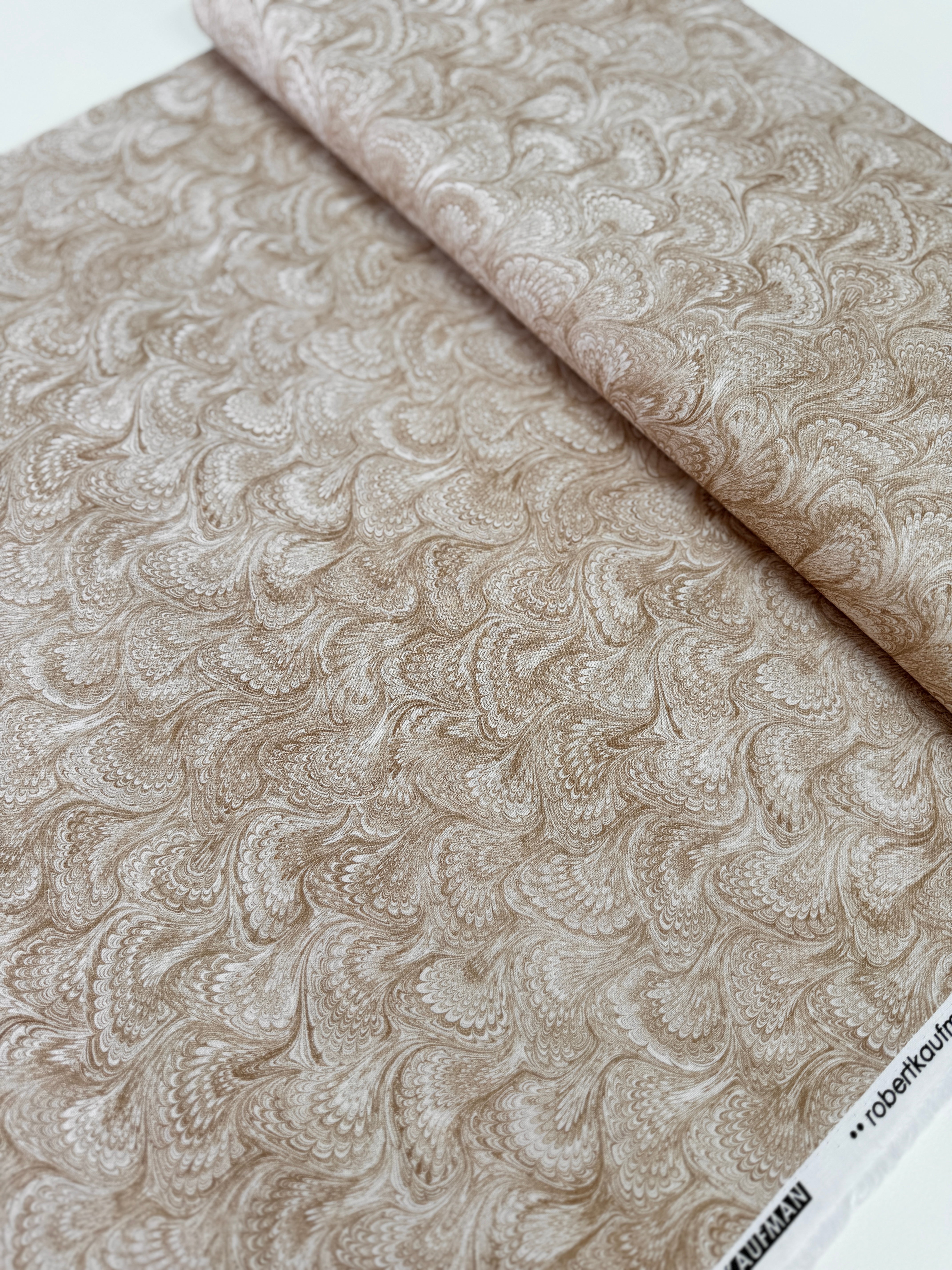 Library of Rarities – Swirls Pearl fabric by Aimee Stewart for Robert Kaufman, digitally printed 100% cotton with neutral swirl design.