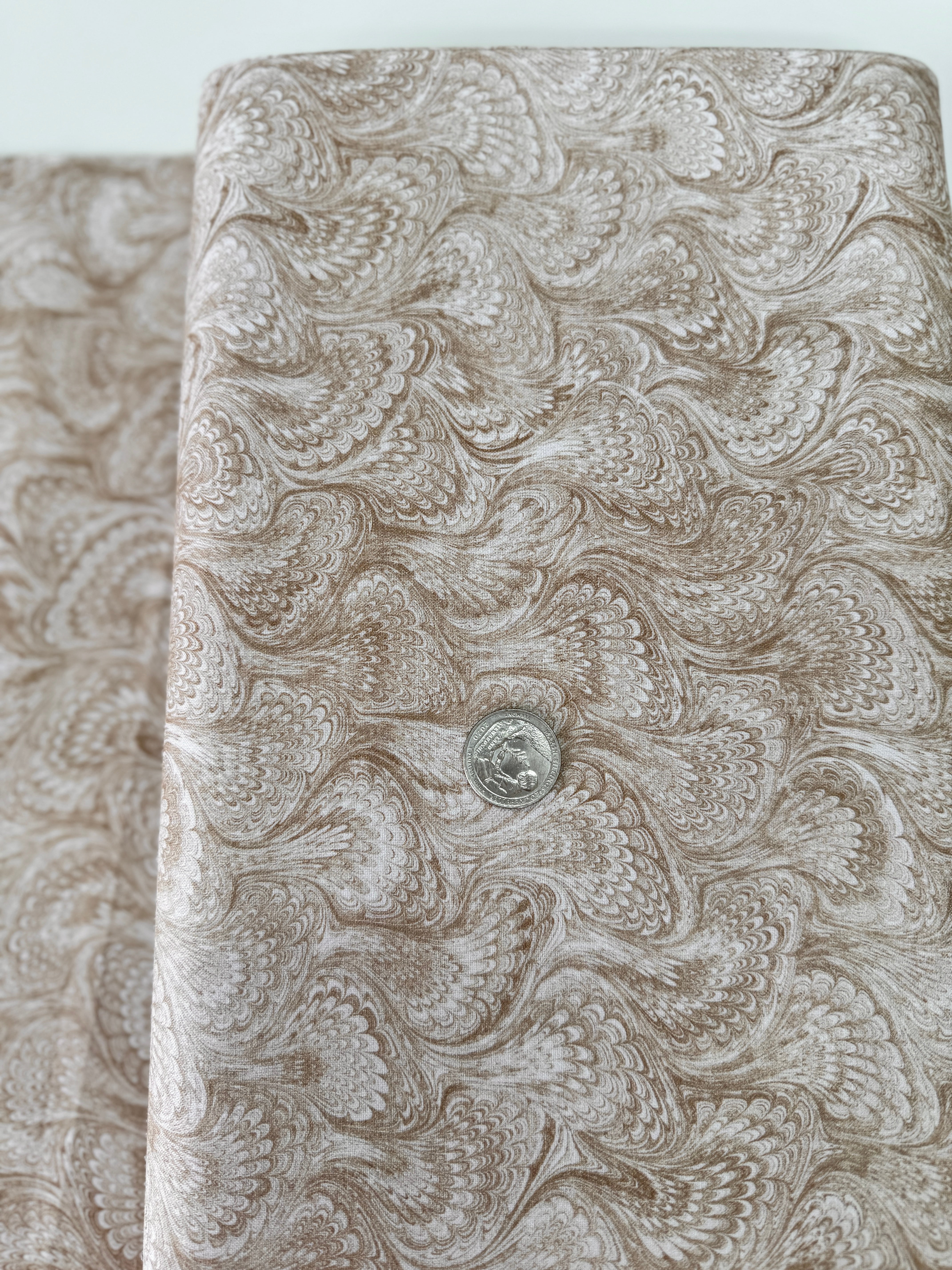 Library of Rarities – Swirls Pearl fabric by Aimee Stewart for Robert Kaufman, digitally printed 100% cotton with neutral swirl design.