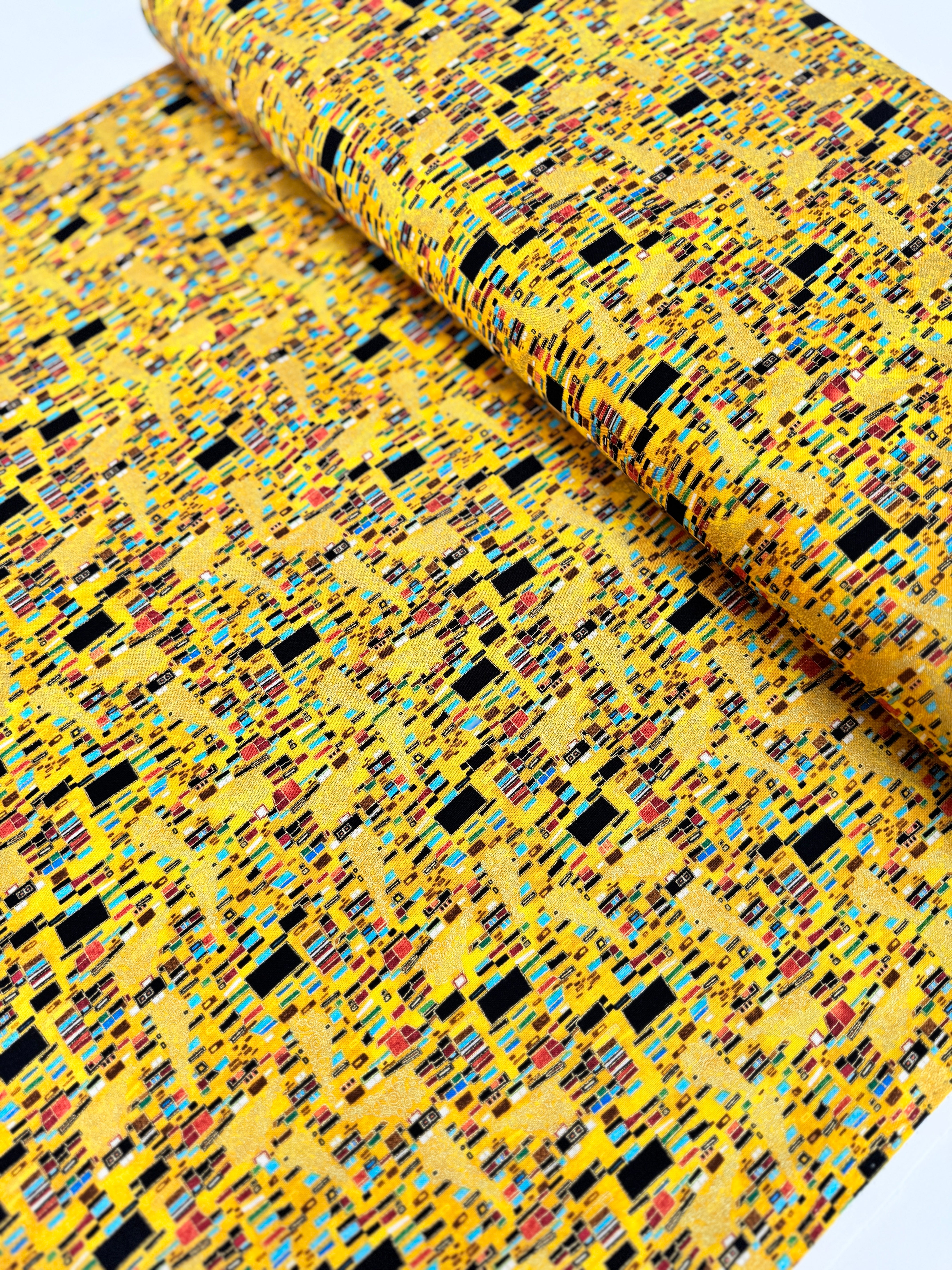 Cleo Bejeweled Golden Geo Abstract Square fabric – metallic cotton by Chong-a Hwang for Timeless Treasures with jewel tones and gold accents.