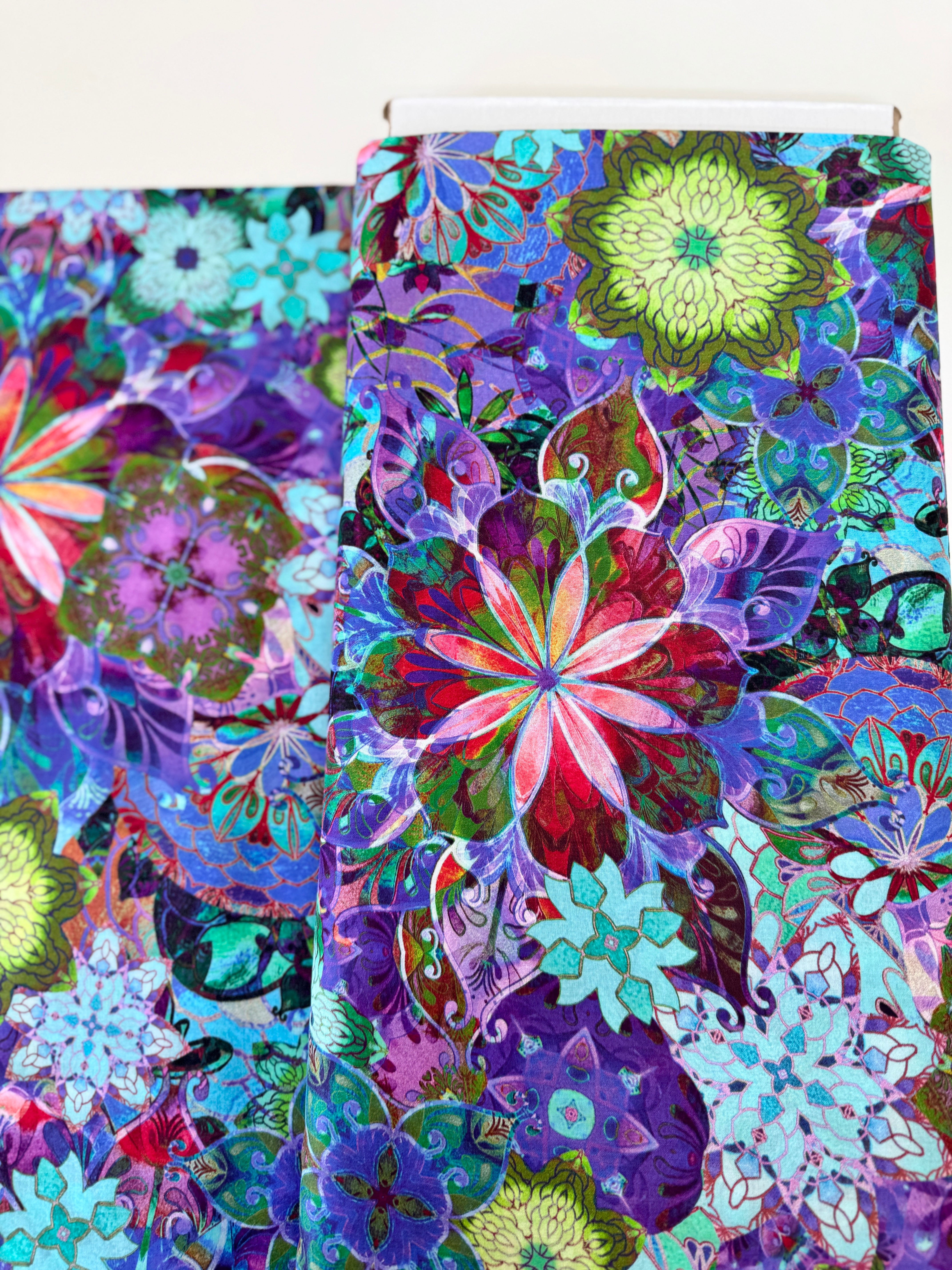 Venice Lawns Jewel cotton lawn fabric by Christiane Marques – vibrant floral print with 24" repeat, lightweight drape.