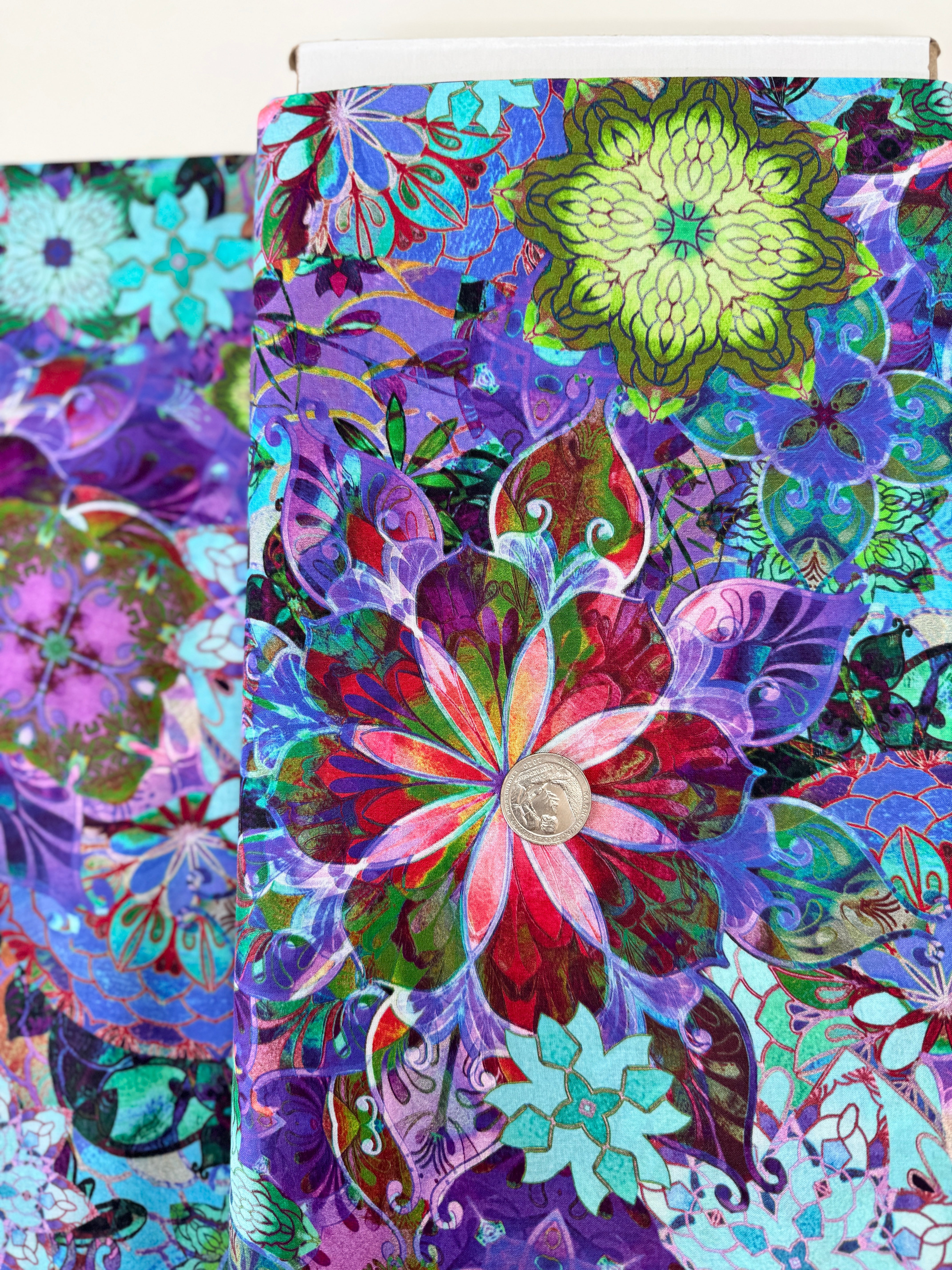 Venice Lawns Jewel cotton lawn fabric by Christiane Marques – vibrant floral print with 24" repeat, lightweight drape.