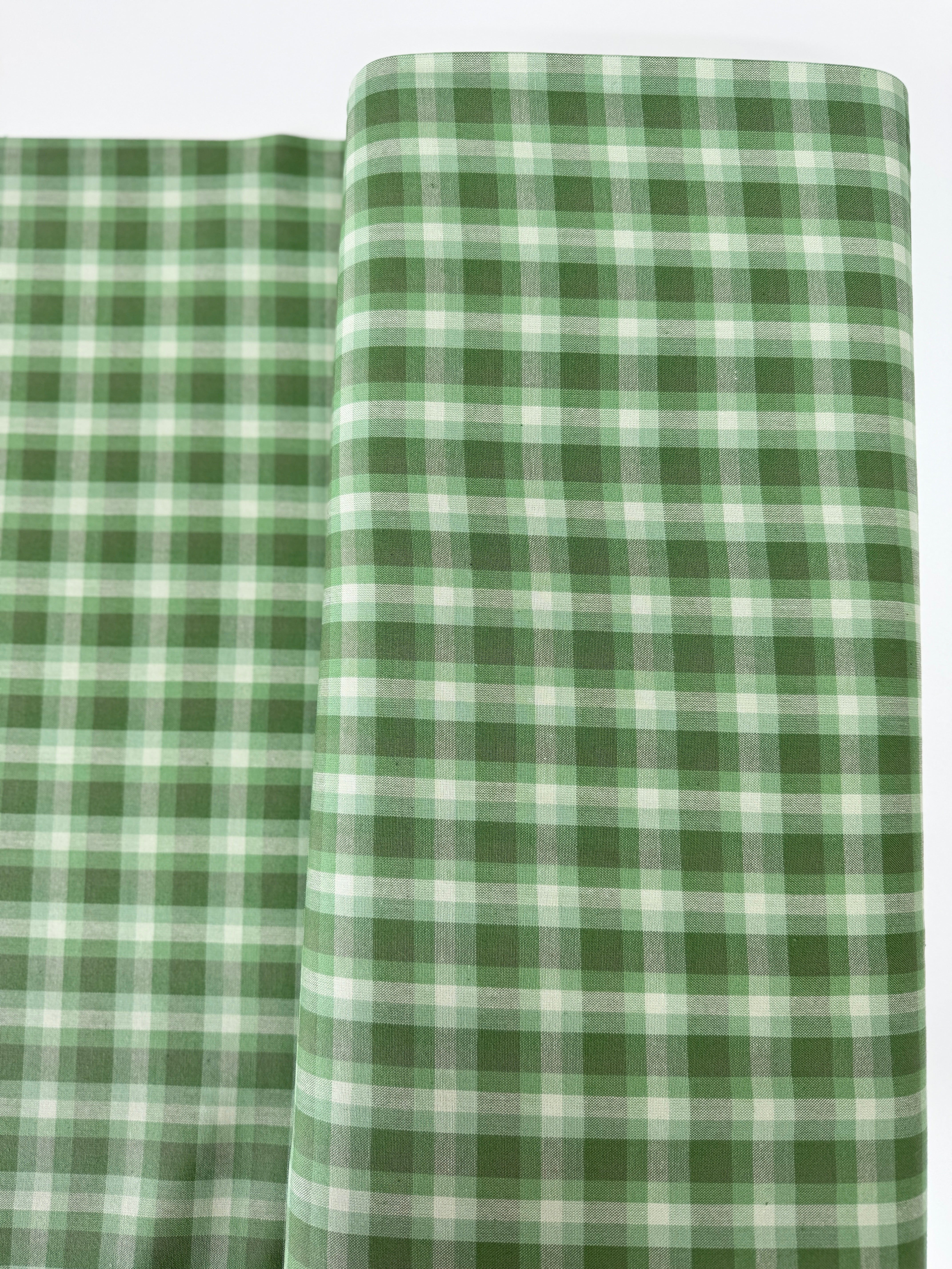 Yarn Dyed Check Plaid Palm fabric from Kitchen Window Wovens by Elizabeth Hartman – green woven cotton plaid.