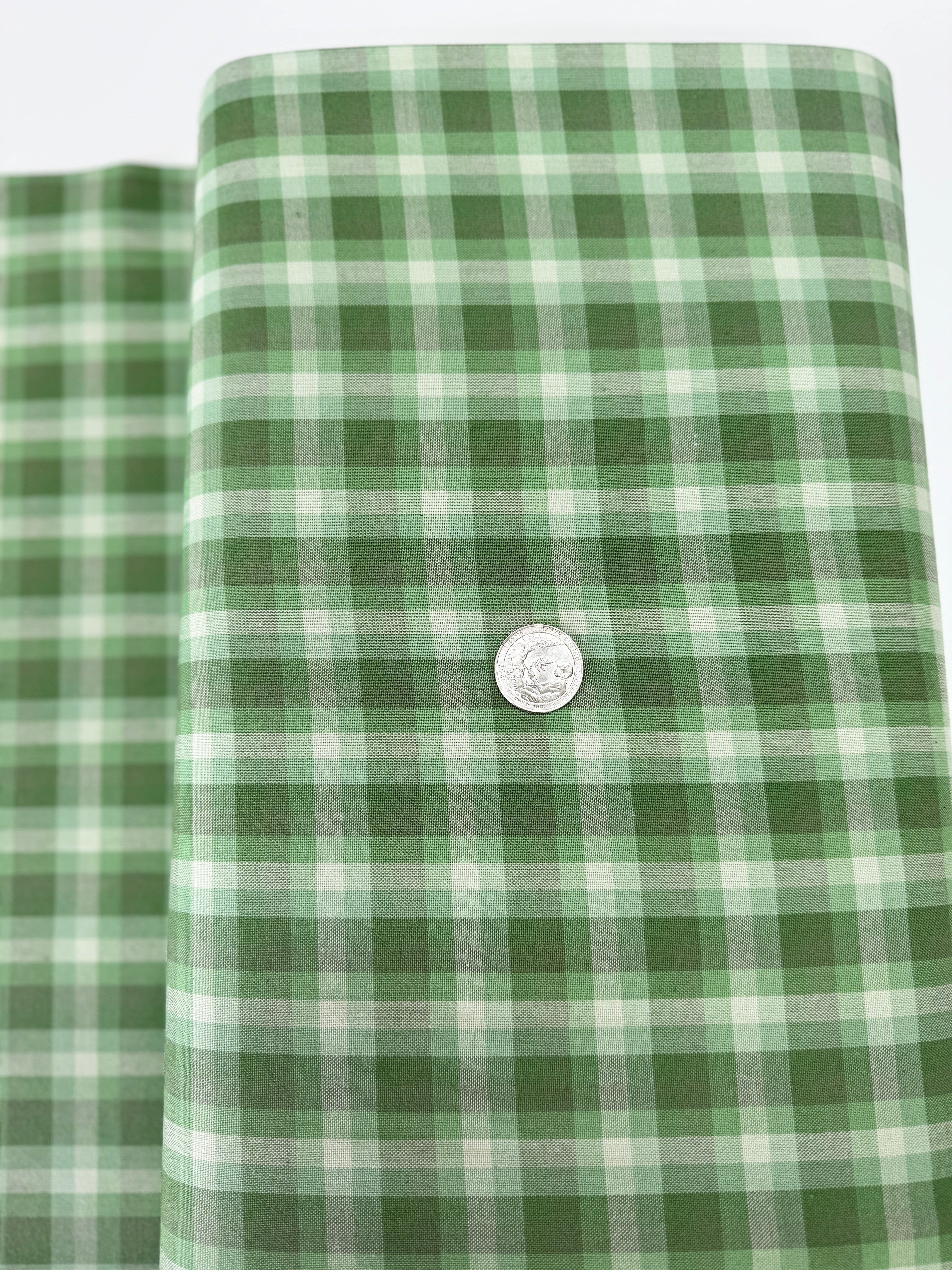 Yarn Dyed Check Plaid Palm fabric from Kitchen Window Wovens by Elizabeth Hartman – green woven cotton plaid.