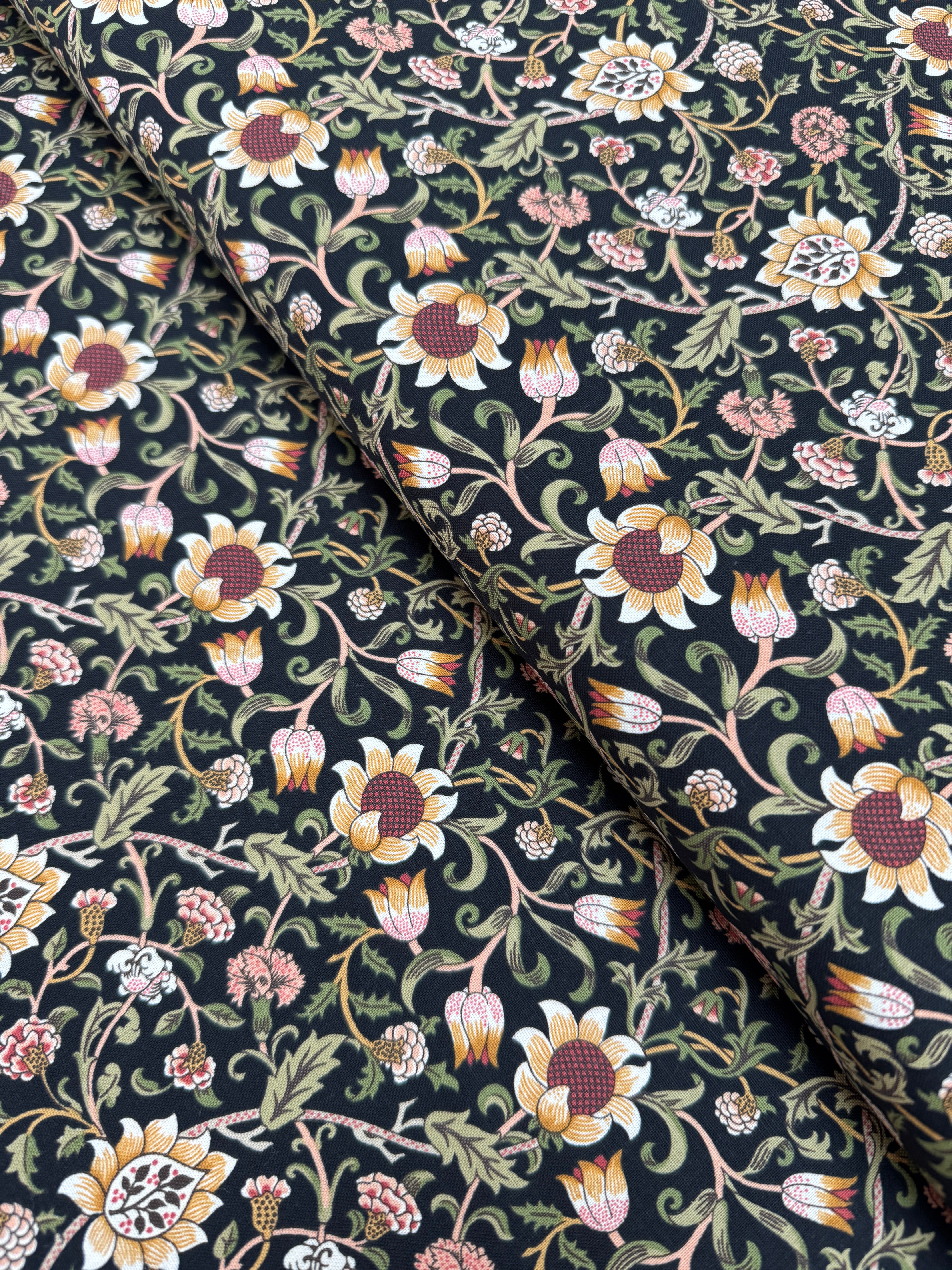 Morris Manor Evenlode Florals Ebony fabric by Barbara Brackman – black William Morris-inspired floral print on cotton.