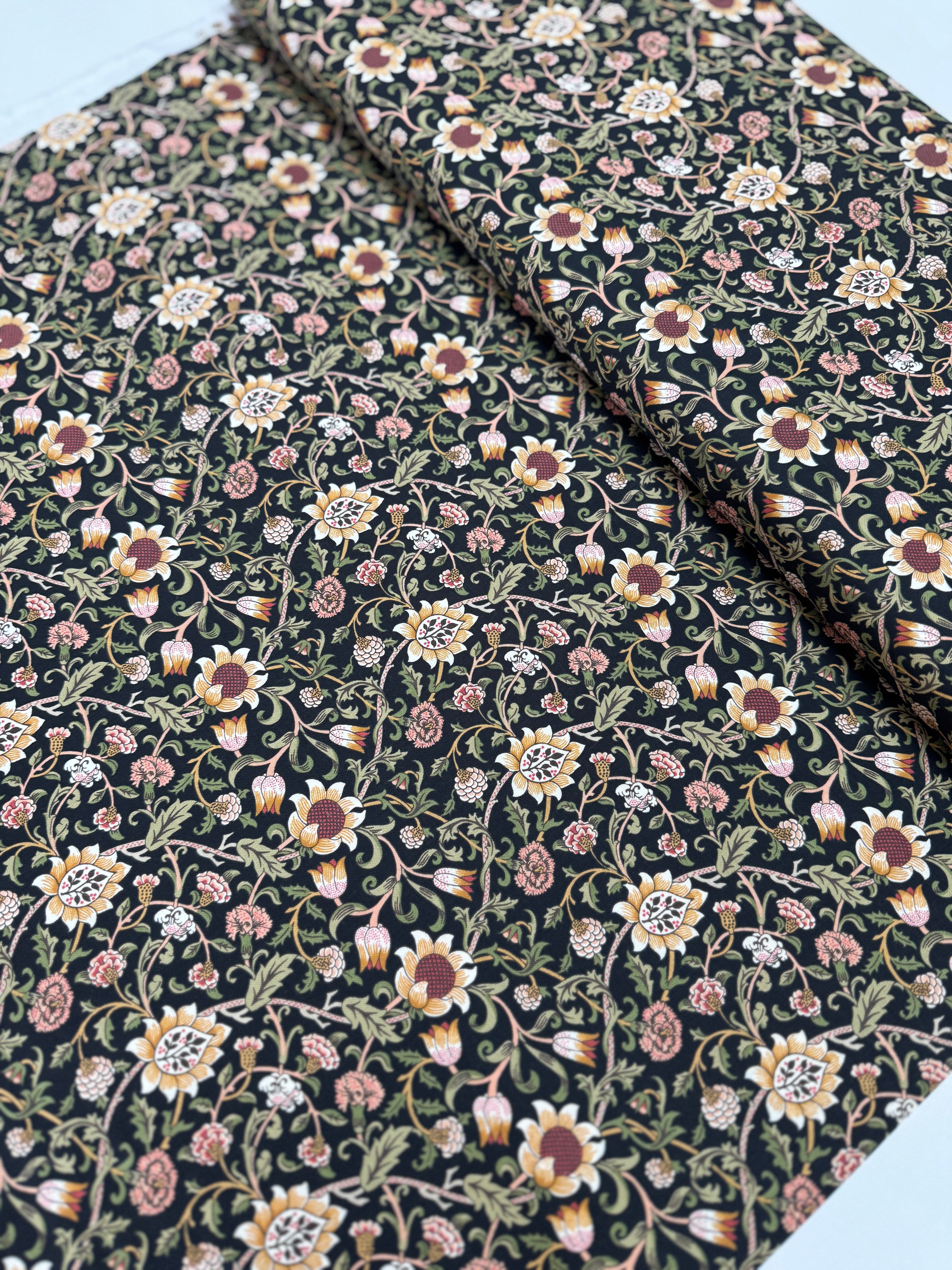Morris Manor Evenlode Florals Ebony fabric by Barbara Brackman – black William Morris-inspired floral print on cotton.