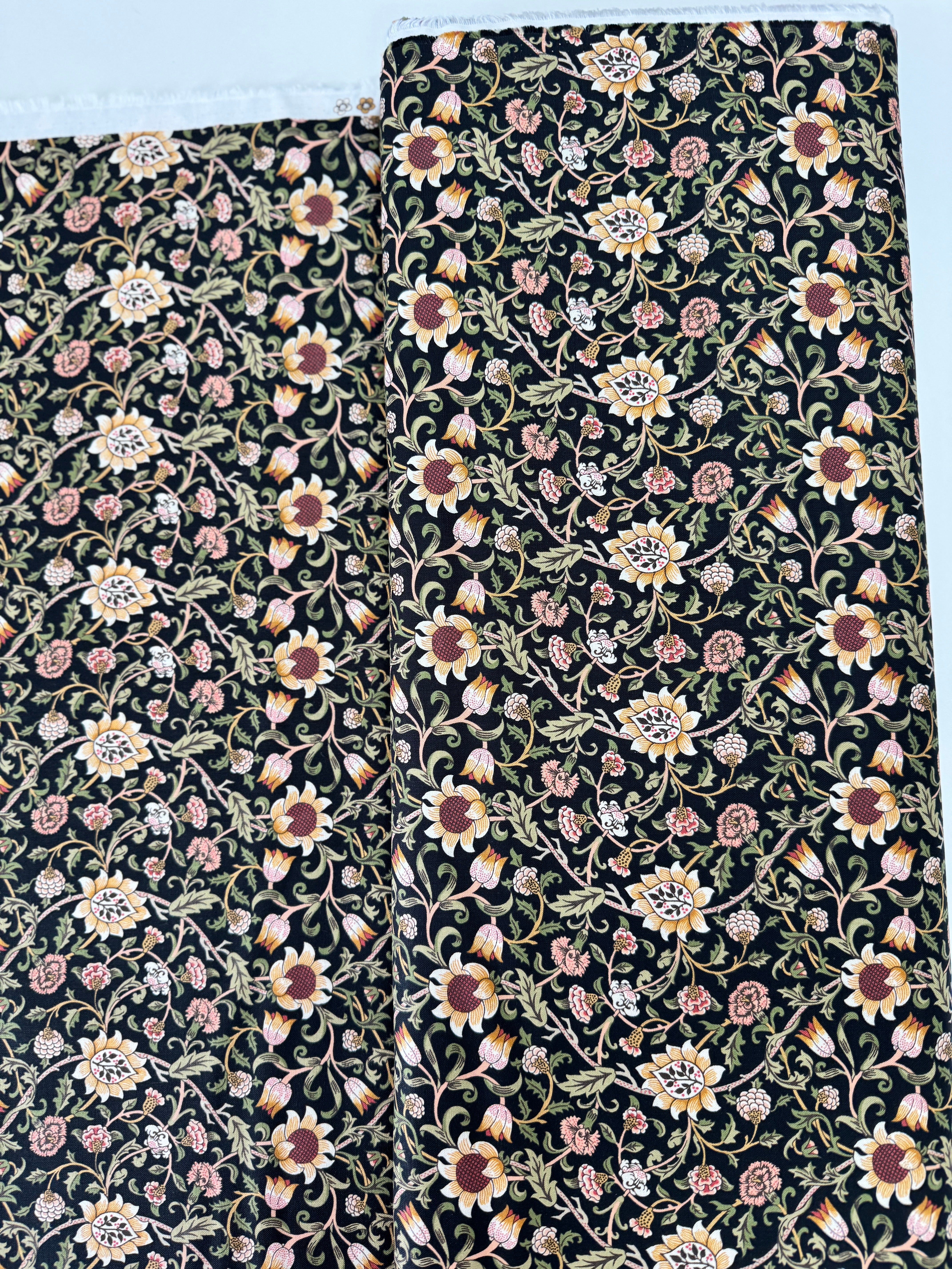 Morris Manor Evenlode Florals Ebony fabric by Barbara Brackman – black William Morris-inspired floral print on cotton.