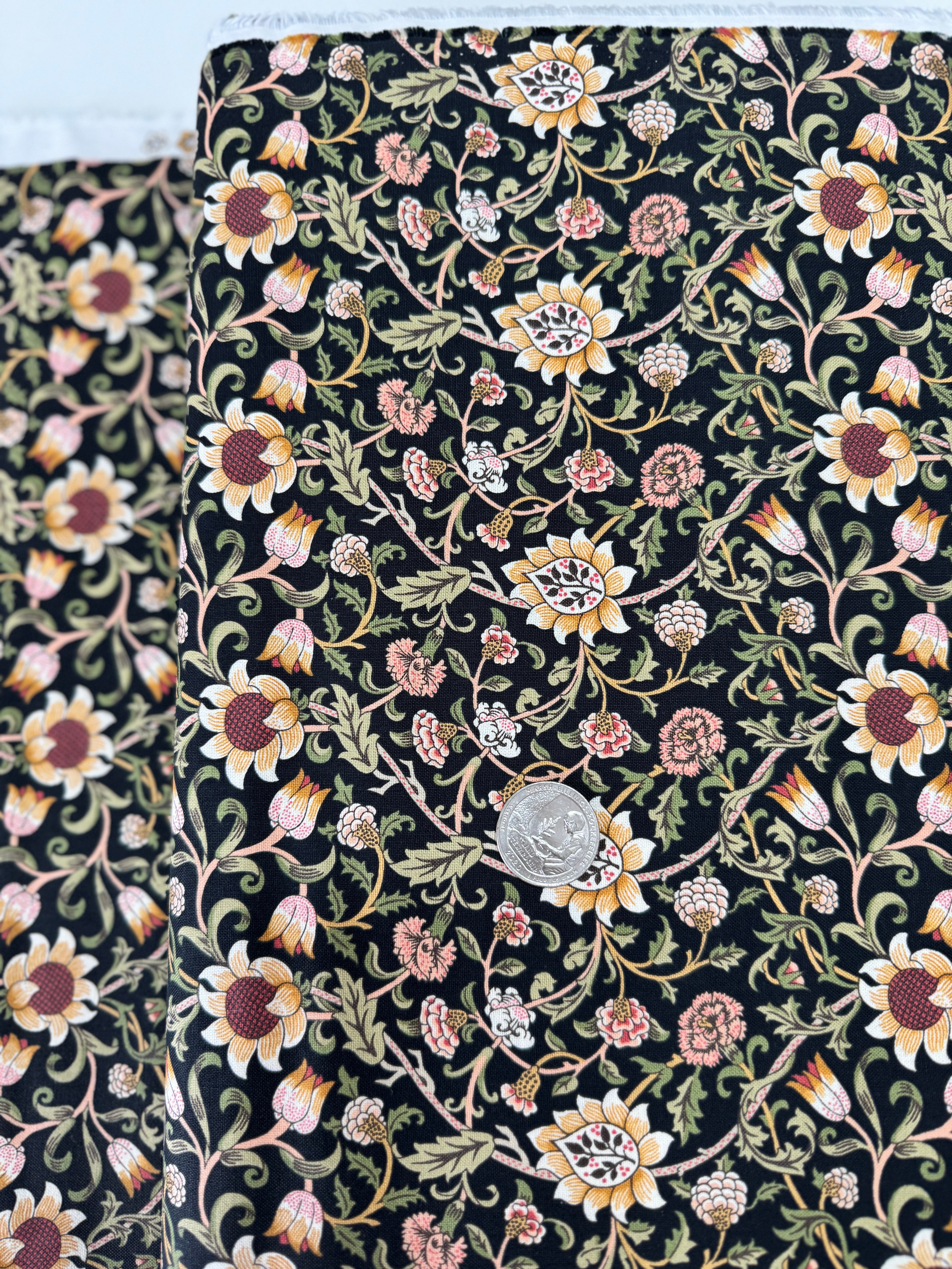 Morris Manor Evenlode Florals Ebony fabric by Barbara Brackman – black William Morris-inspired floral print on cotton.