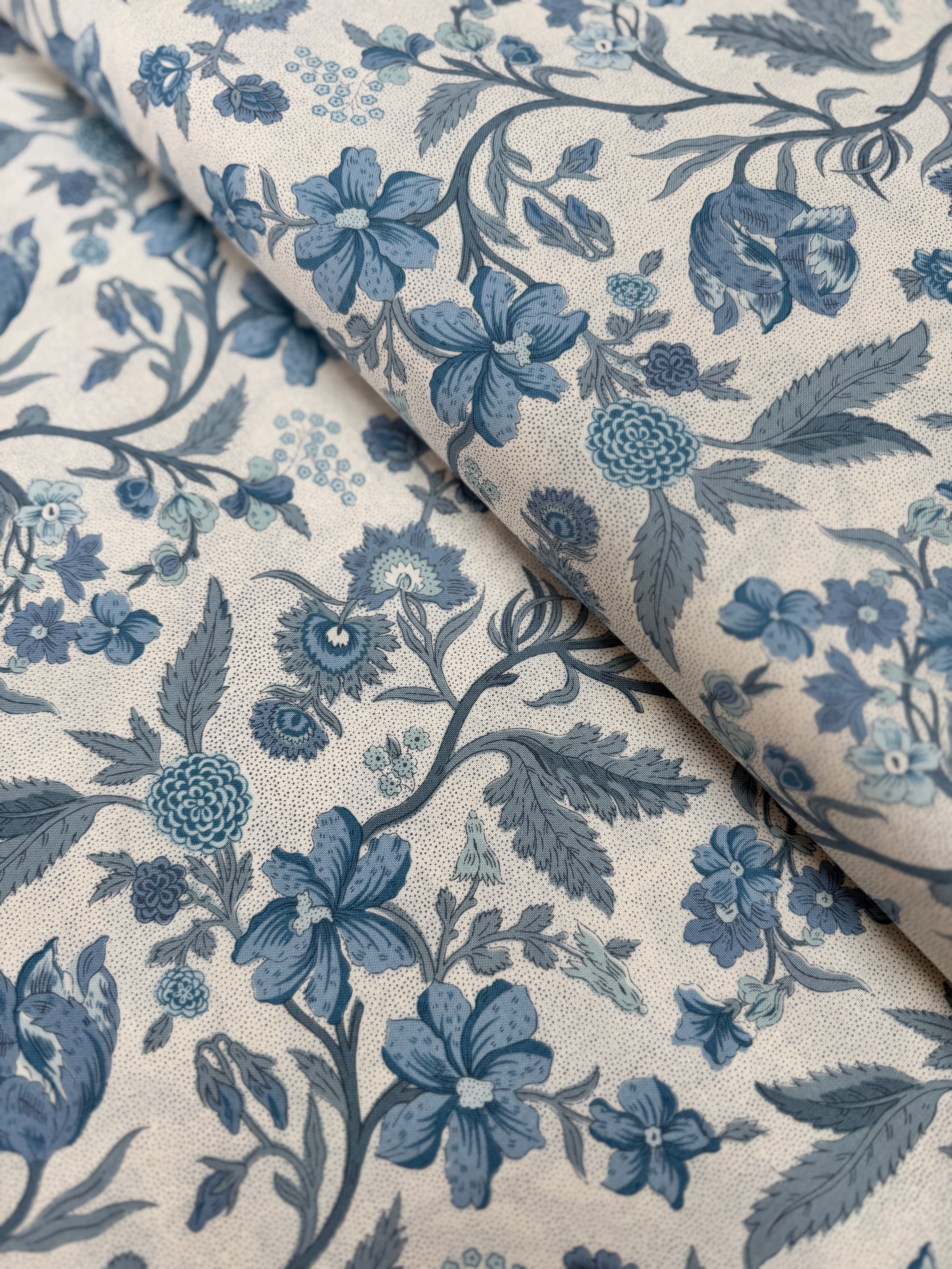 Sacre Bleu Parterre Pearl French Blue fabric by French General – Moda cotton with elegant floral medallions.