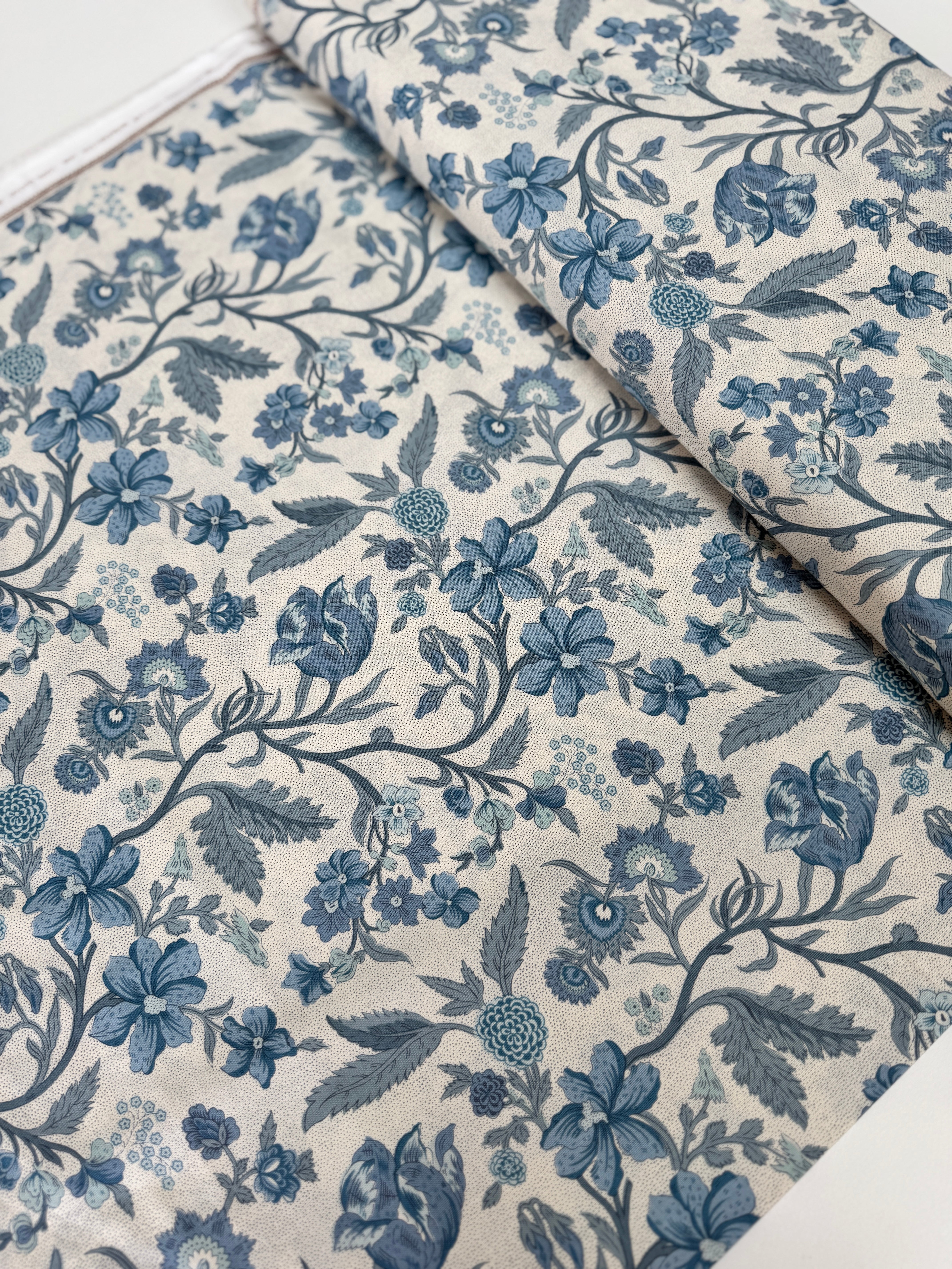 Sacre Bleu Parterre Pearl French Blue fabric by French General – Moda cotton with elegant floral medallions.