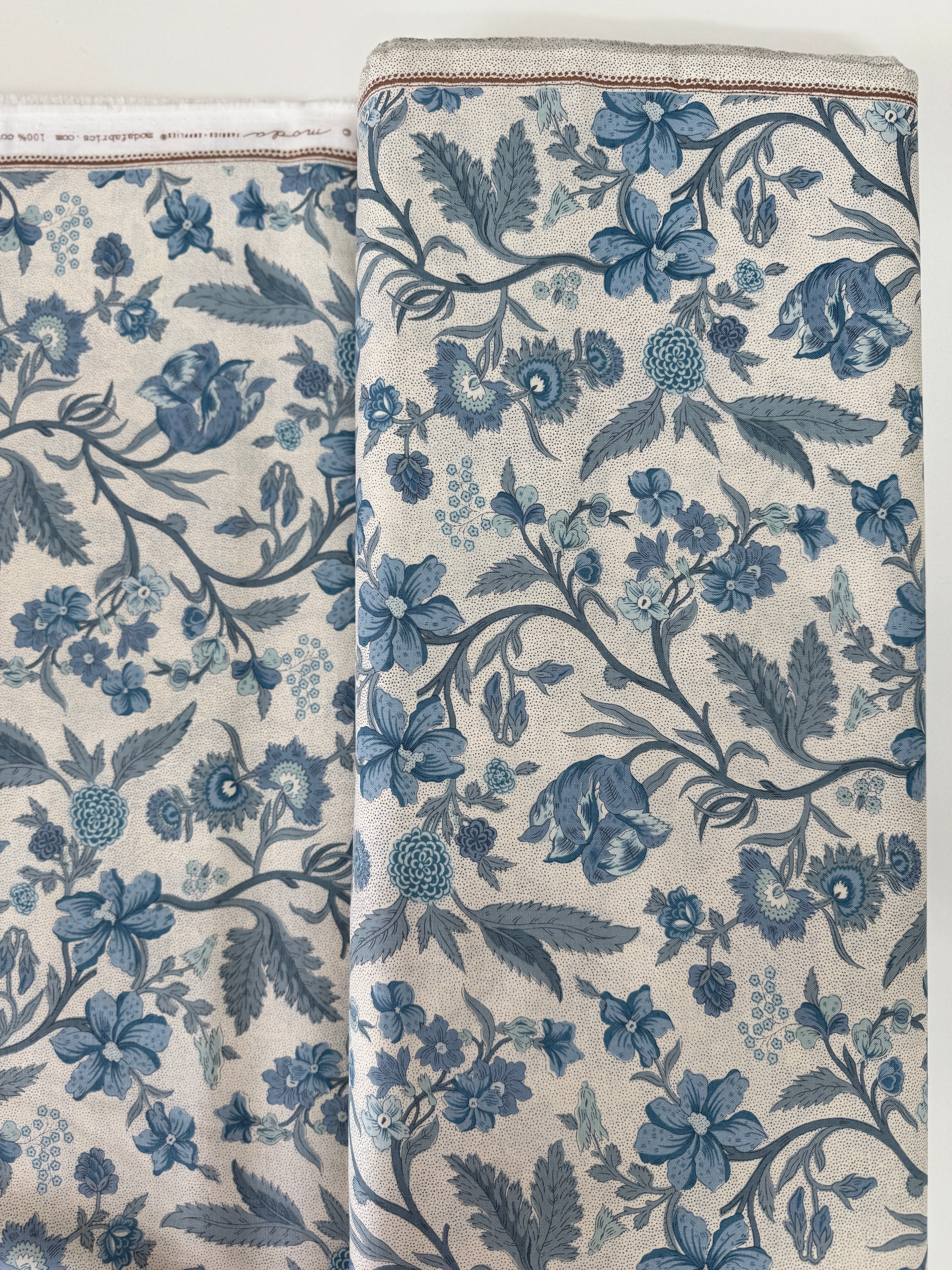 Sacre Bleu Parterre Pearl French Blue fabric by French General – Moda cotton with elegant floral medallions.