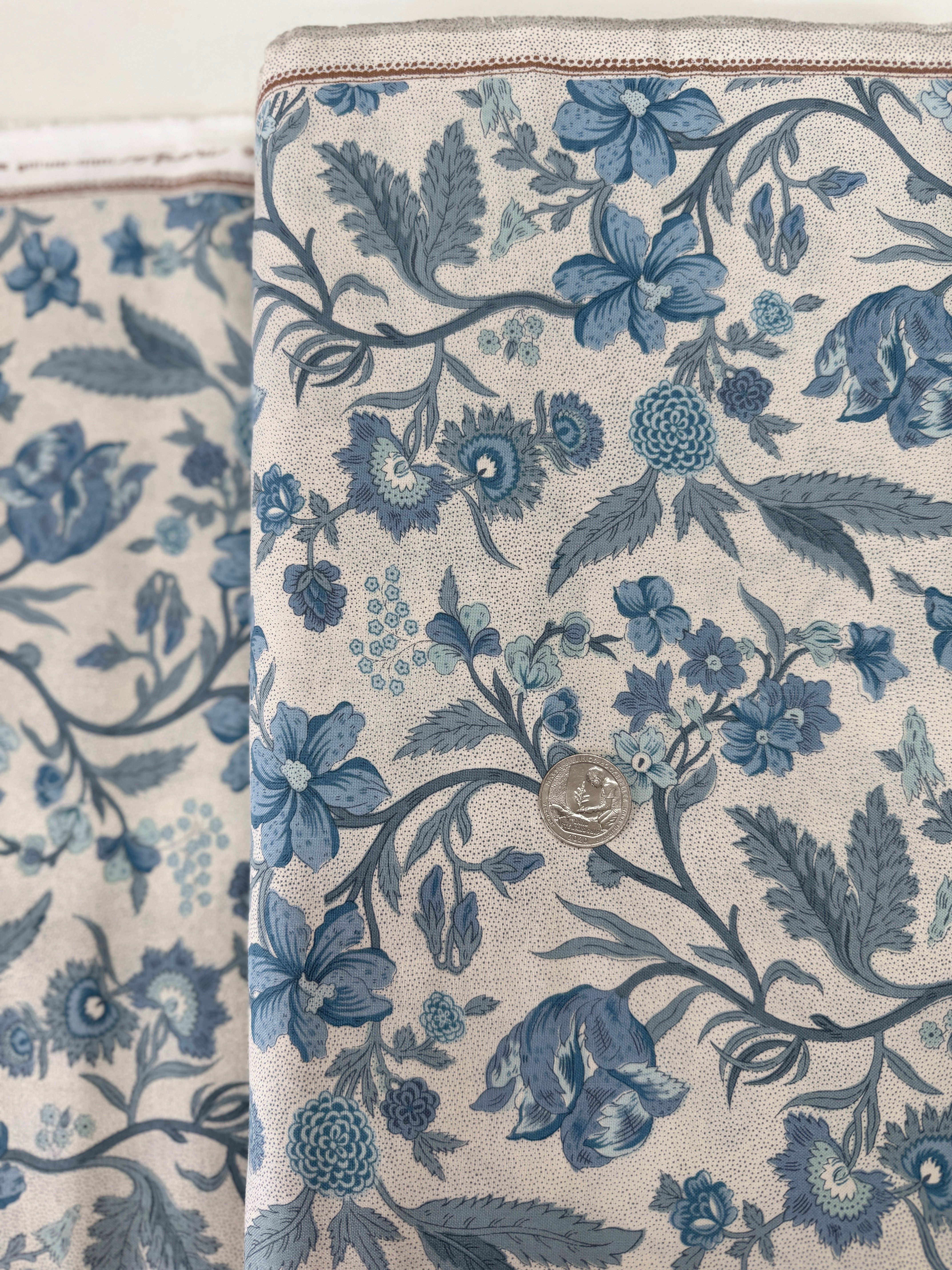 Sacre Bleu Parterre Pearl French Blue fabric by French General – Moda cotton with elegant floral medallions.