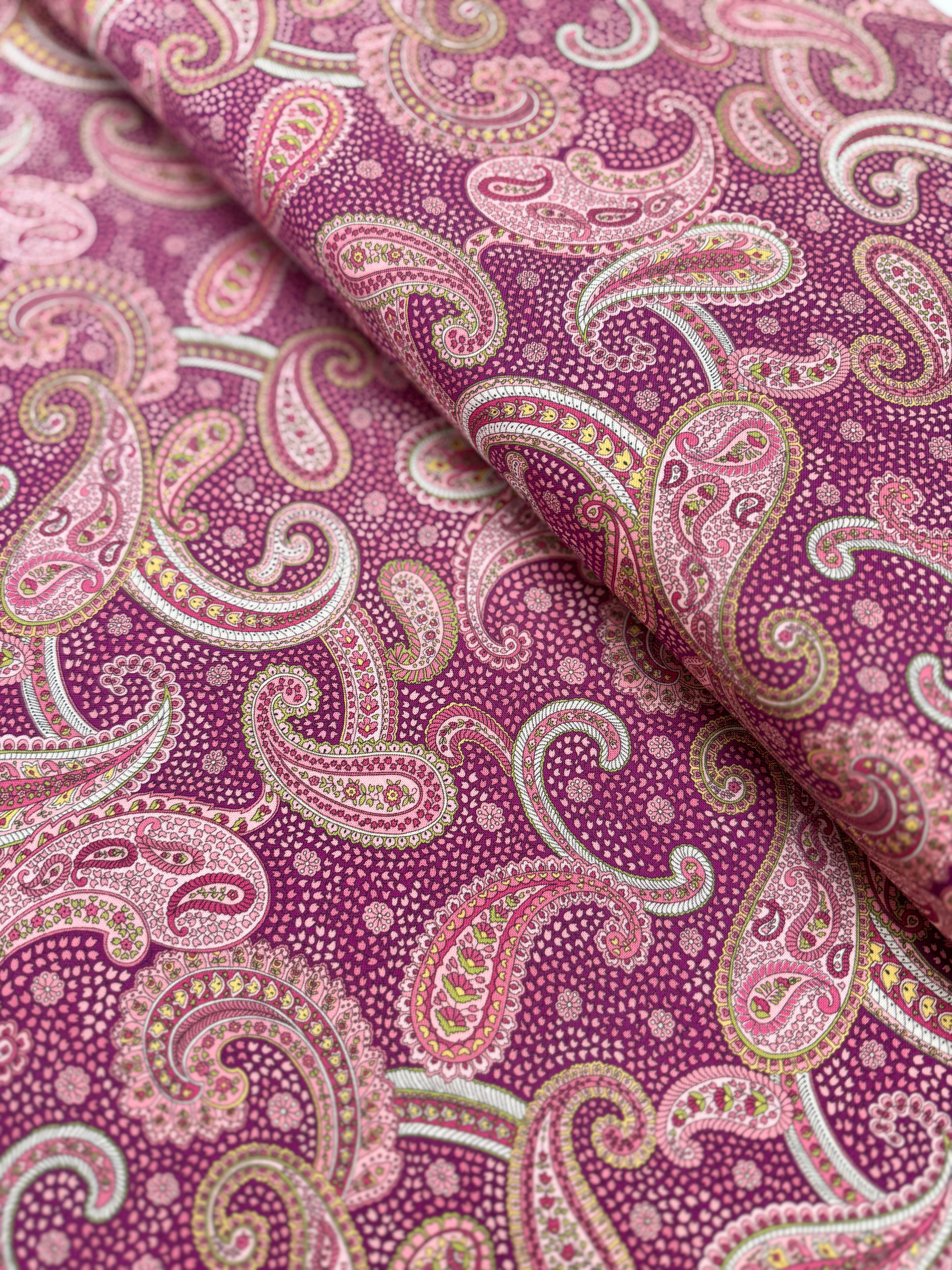 Chelsea Garden Bohemian Flare Paisley Mulberry fabric by Moda – rich paisley floral cotton on mulberry background.