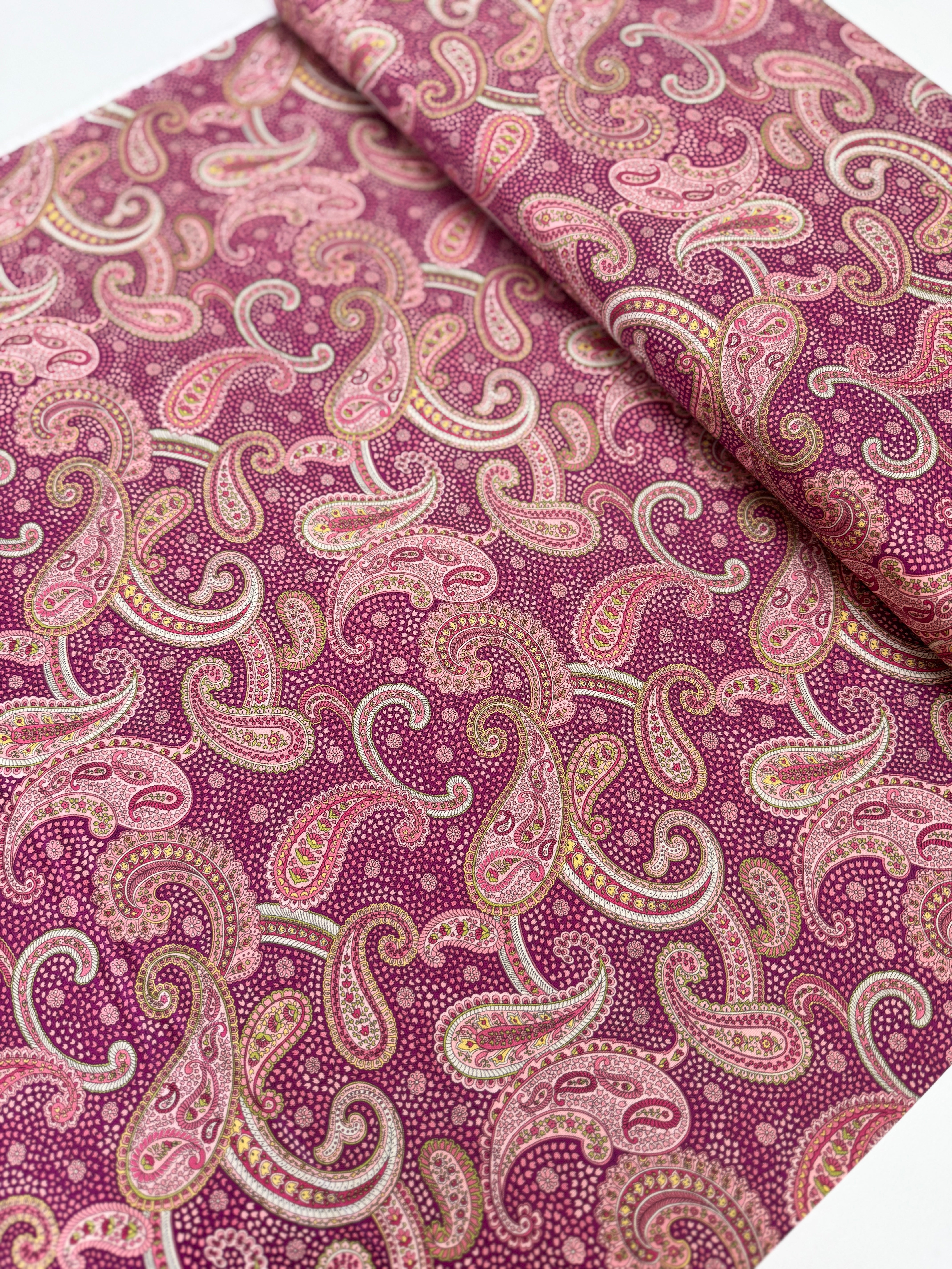 Chelsea Garden Bohemian Flare Paisley Mulberry fabric by Moda – rich paisley floral cotton on mulberry background.
