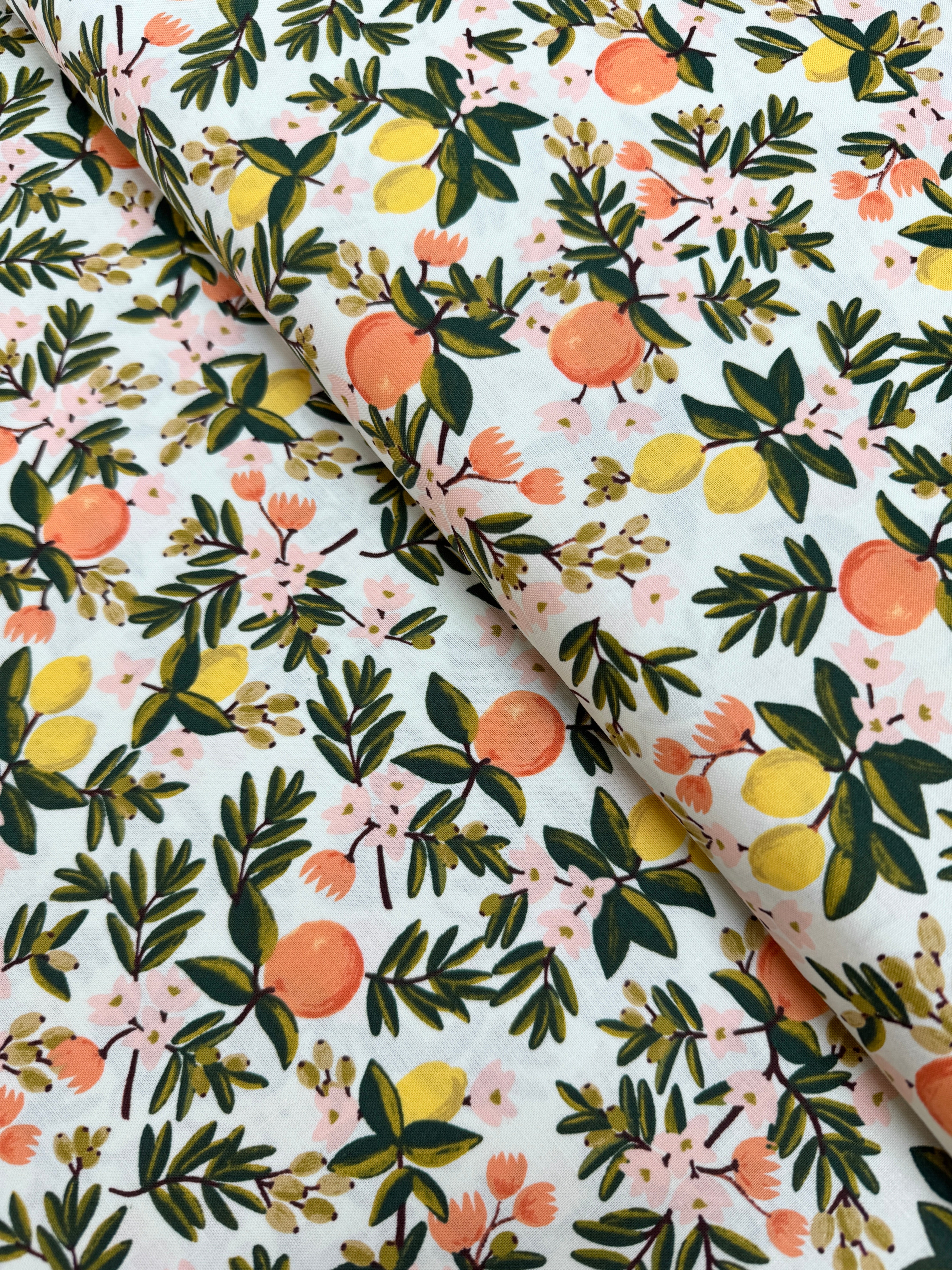 Primavera Citrus Floral Mint fabric by Rifle Paper Co. – 100% cotton with lemons, oranges, and florals on a mint background.
