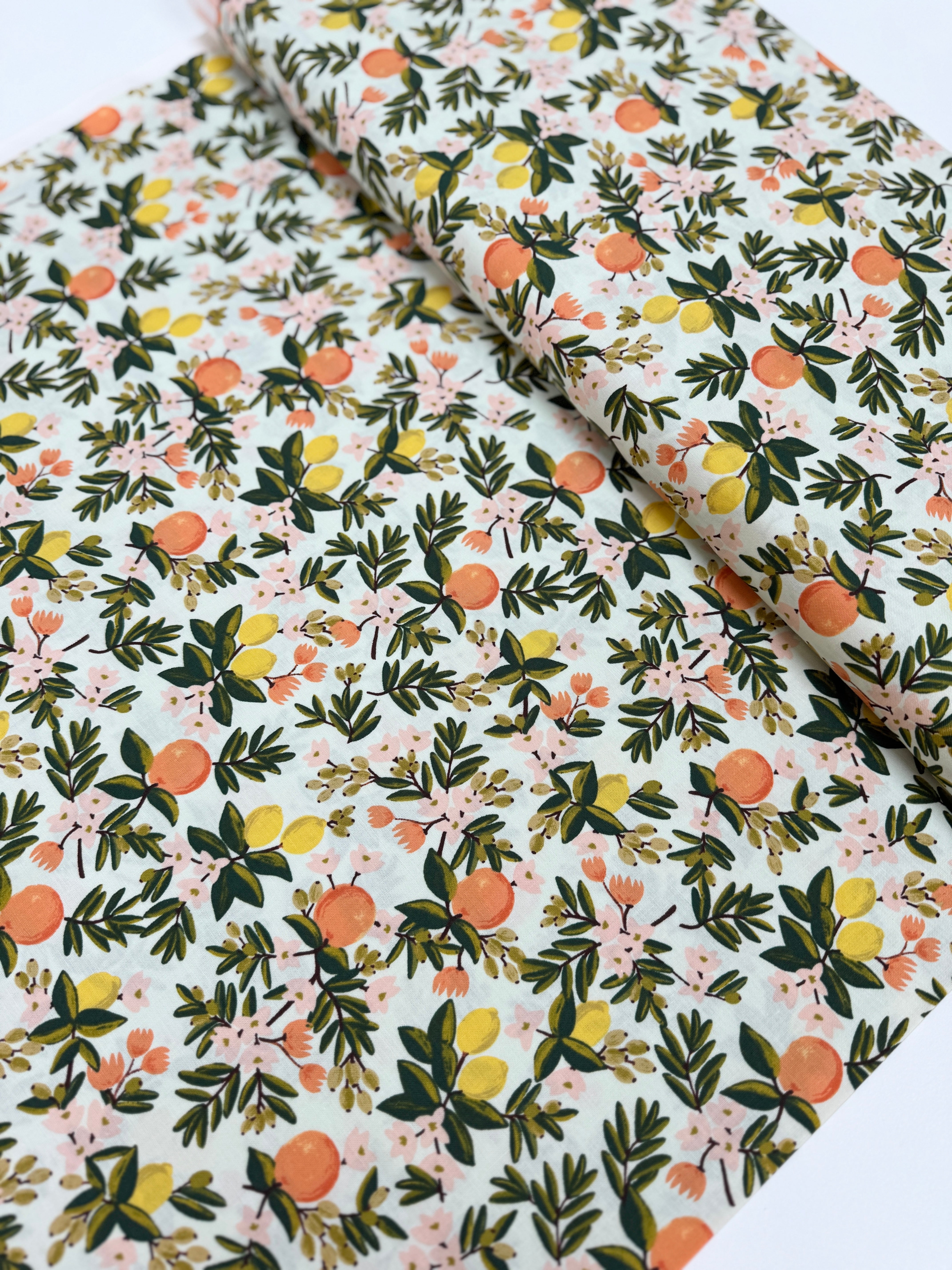 Primavera Citrus Floral Mint fabric by Rifle Paper Co. – 100% cotton with lemons, oranges, and florals on a mint background.