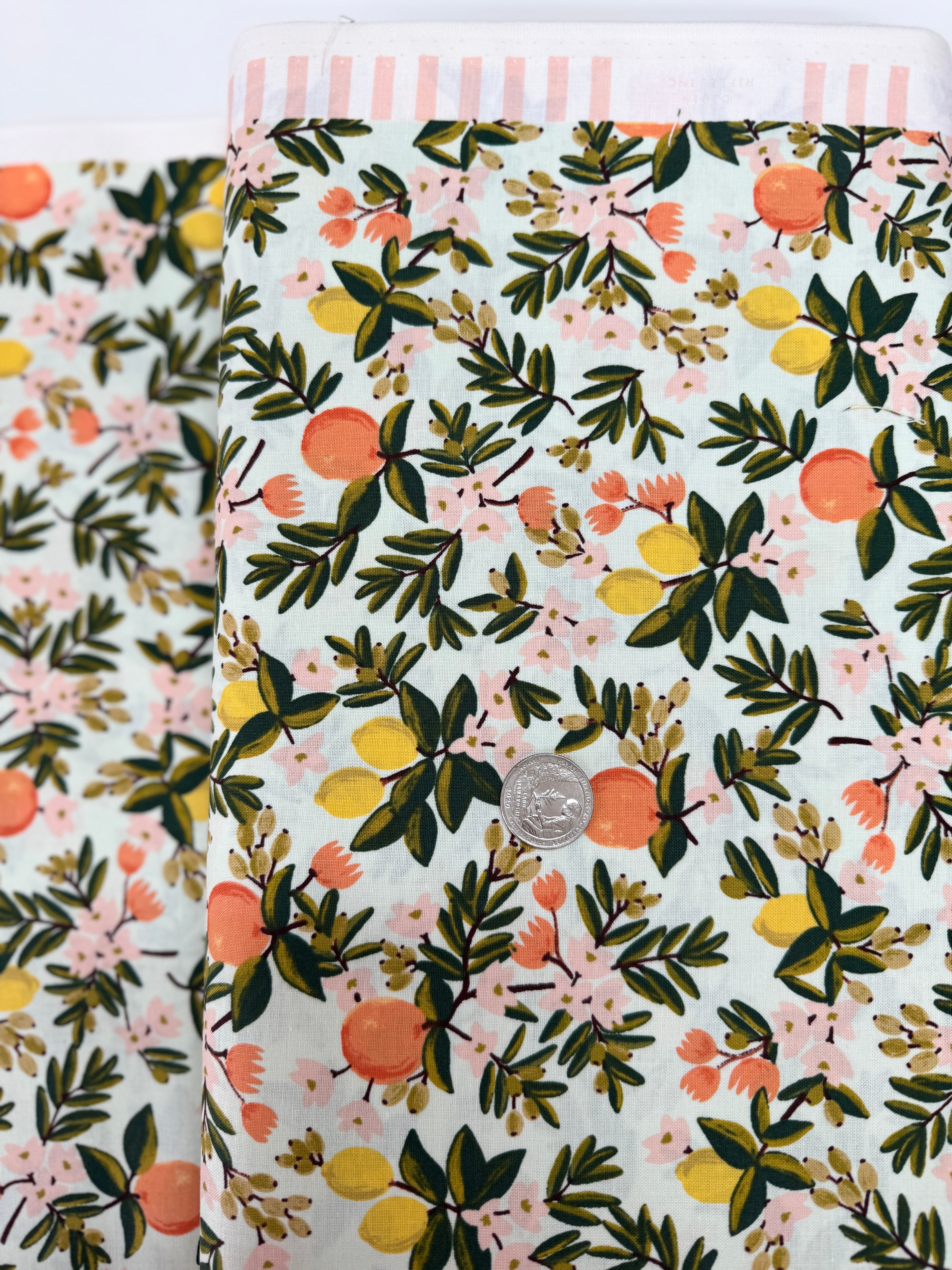 Primavera Citrus Floral Mint fabric by Rifle Paper Co. – 100% cotton with lemons, oranges, and florals on a mint background.