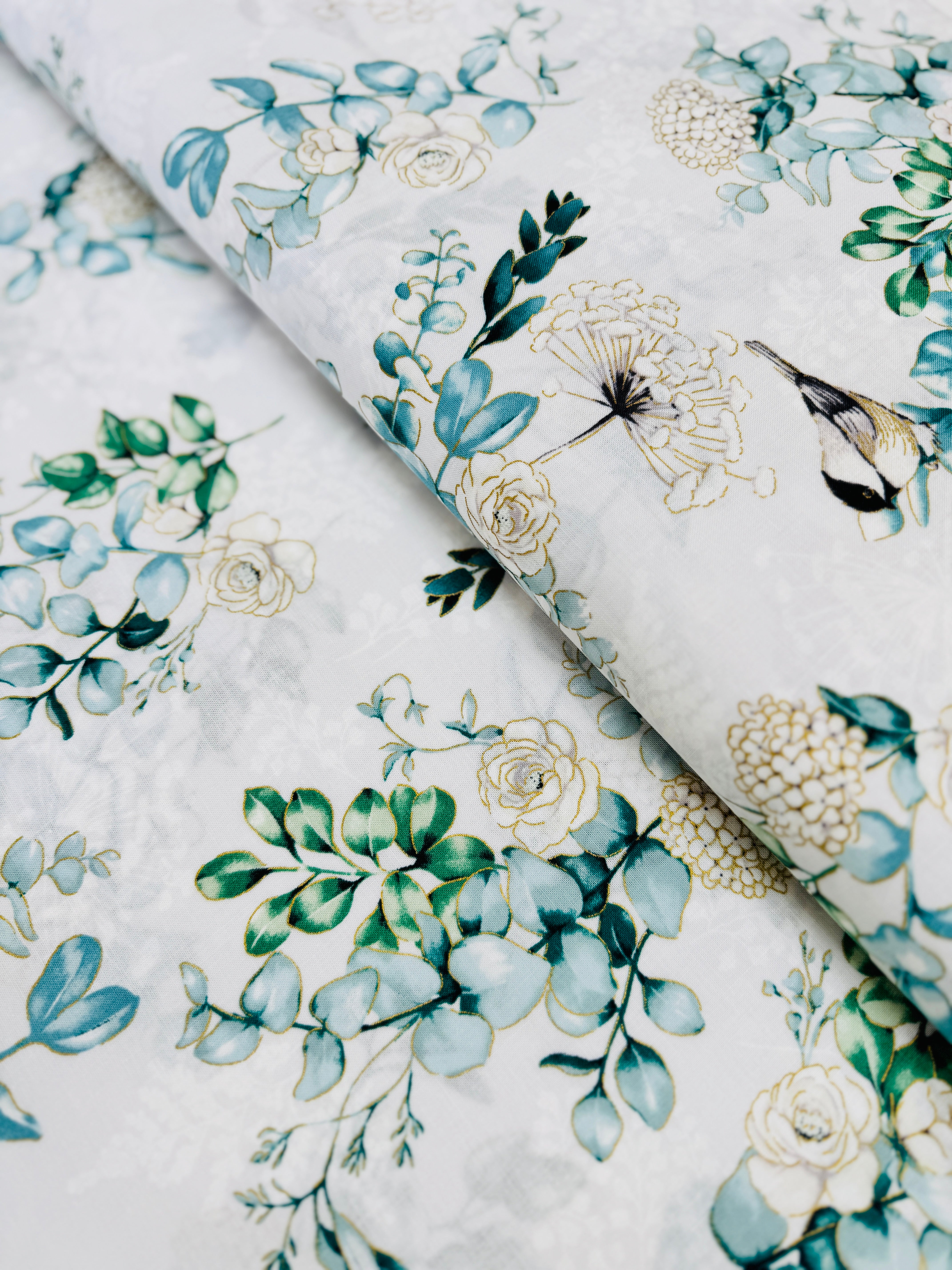 Chickadee Cheer – Chickadees and Flowers Natural with Gold Metallic Fabric by Hoffman Fabrics