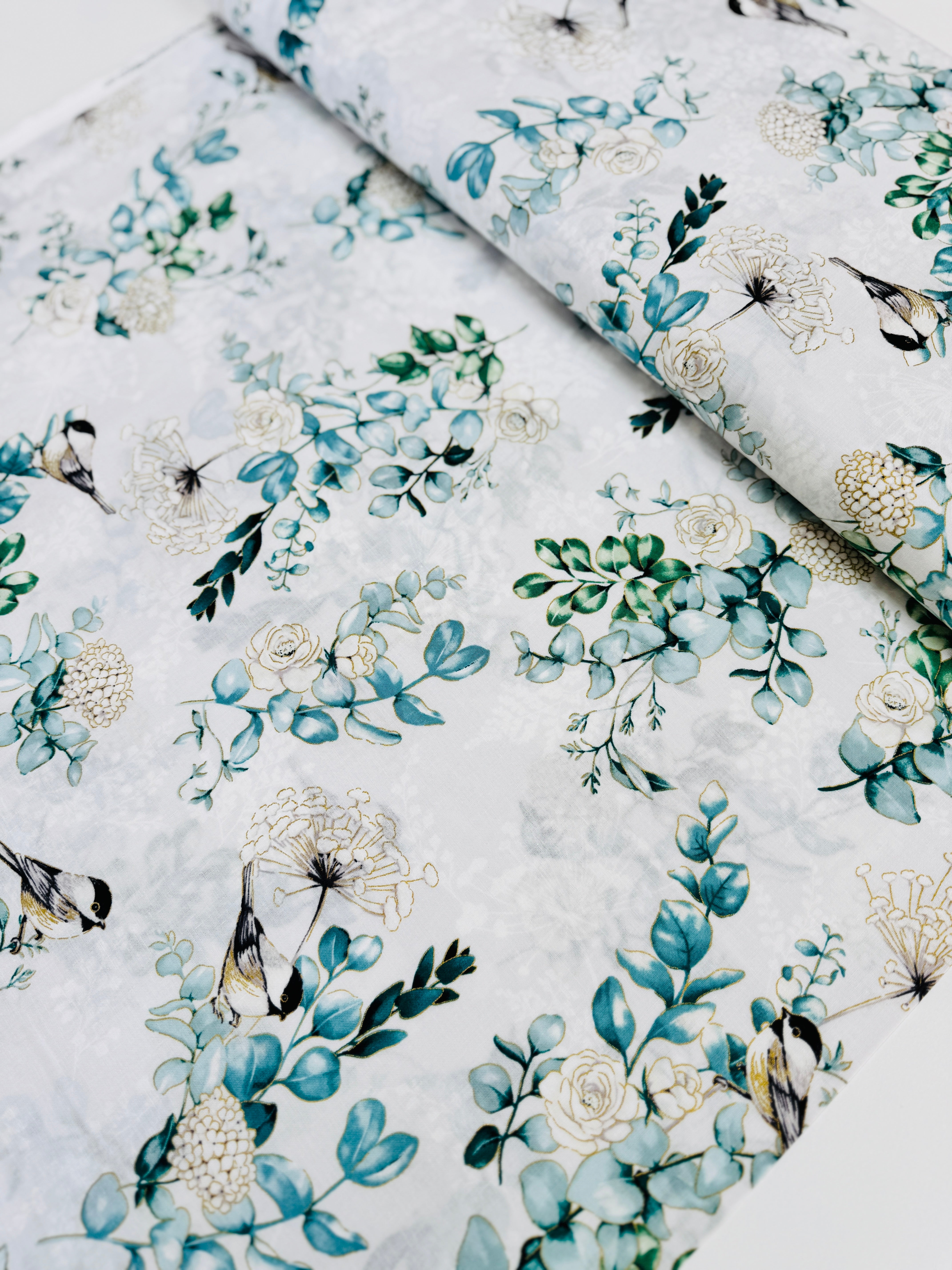 Chickadee Cheer – Chickadees and Flowers Natural with Gold Metallic Fabric by Hoffman Fabrics