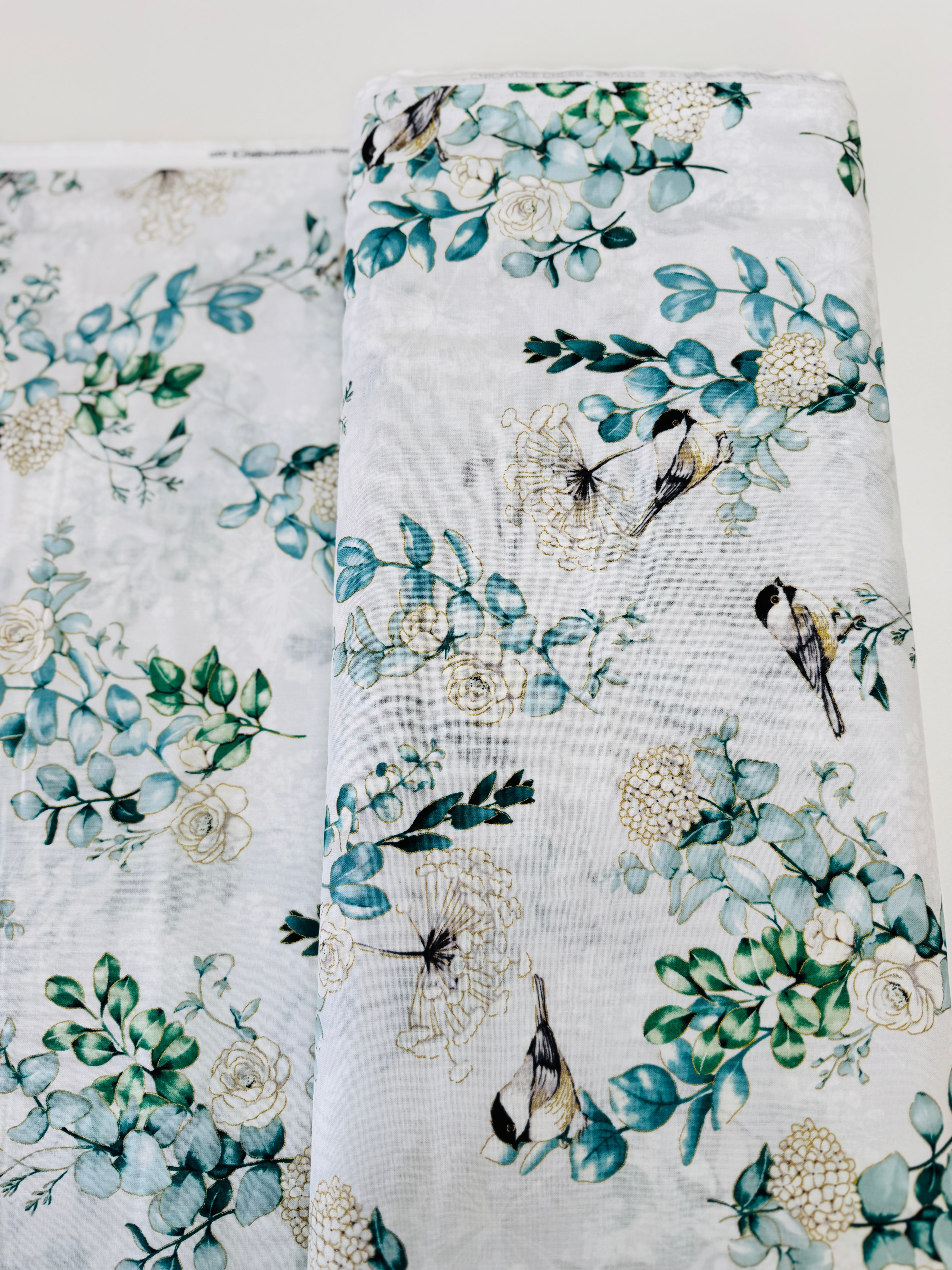 Chickadee Cheer – Chickadees and Flowers Natural with Gold Metallic Fabric by Hoffman Fabrics