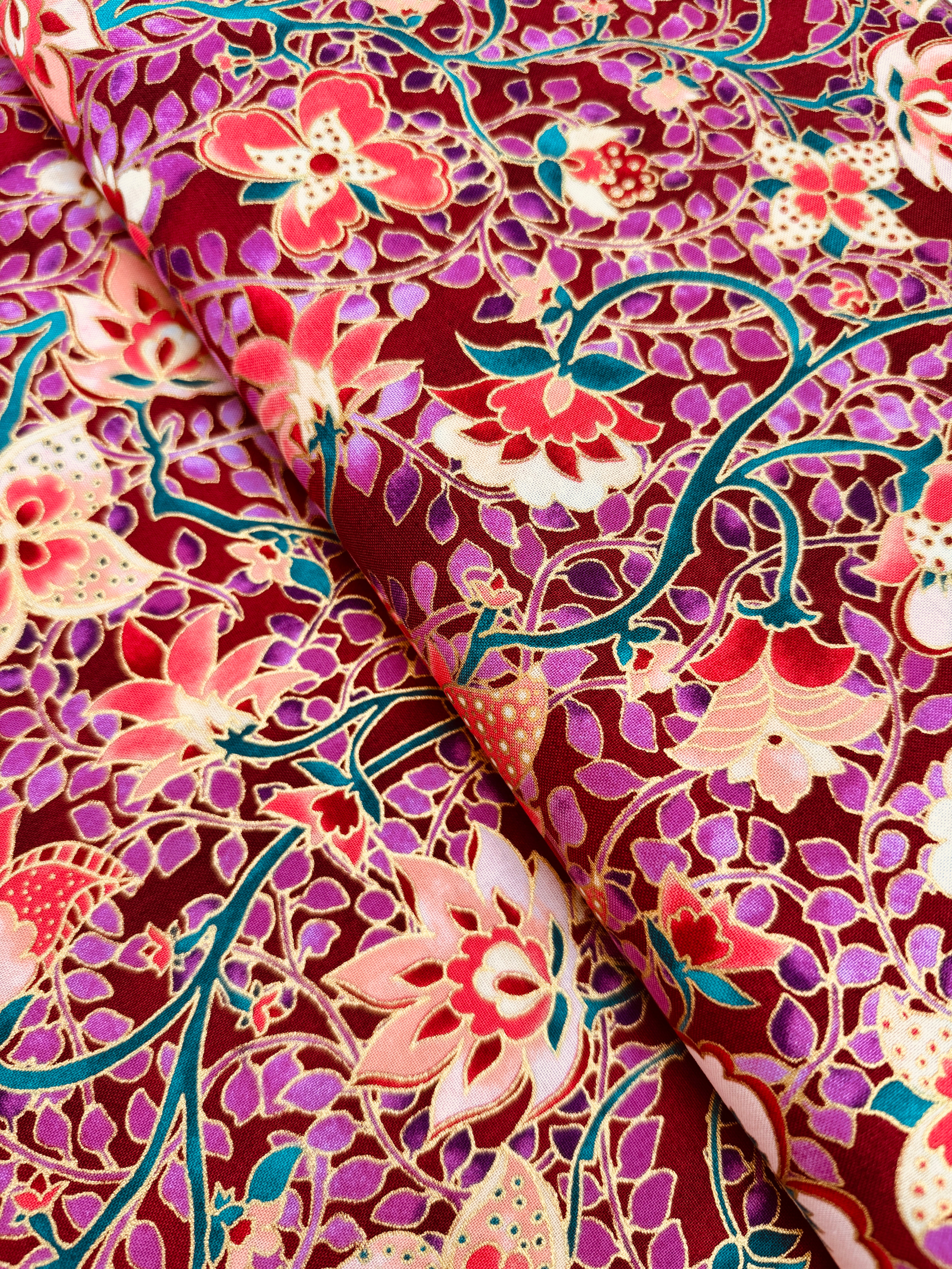 Jeweled Leaves – Floral Fig Gold Metallic Fabric by Parvaneh Holloway for Robert Kaufman