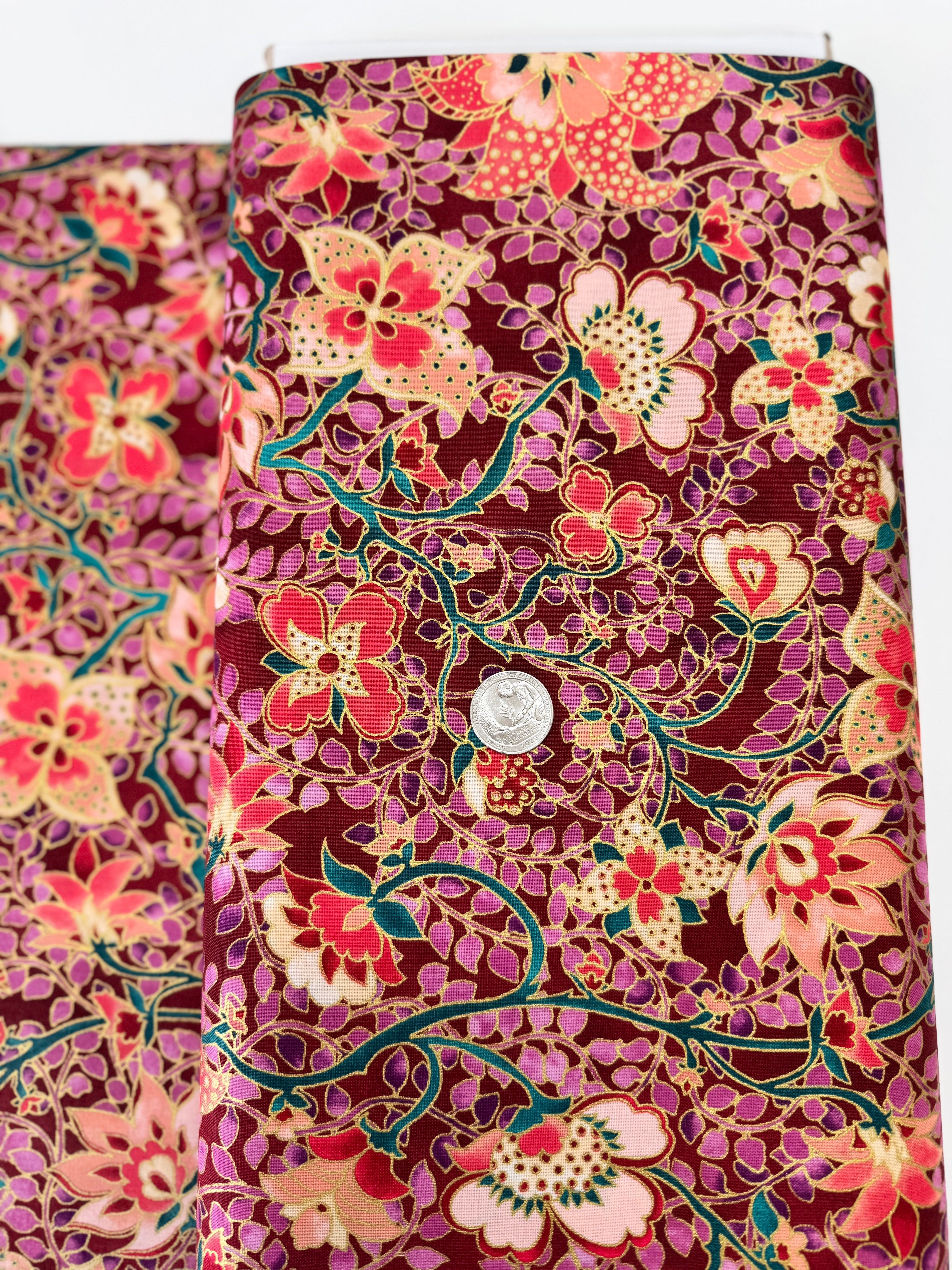 Jeweled Leaves – Floral Fig Gold Metallic Fabric by Parvaneh Holloway for Robert Kaufman