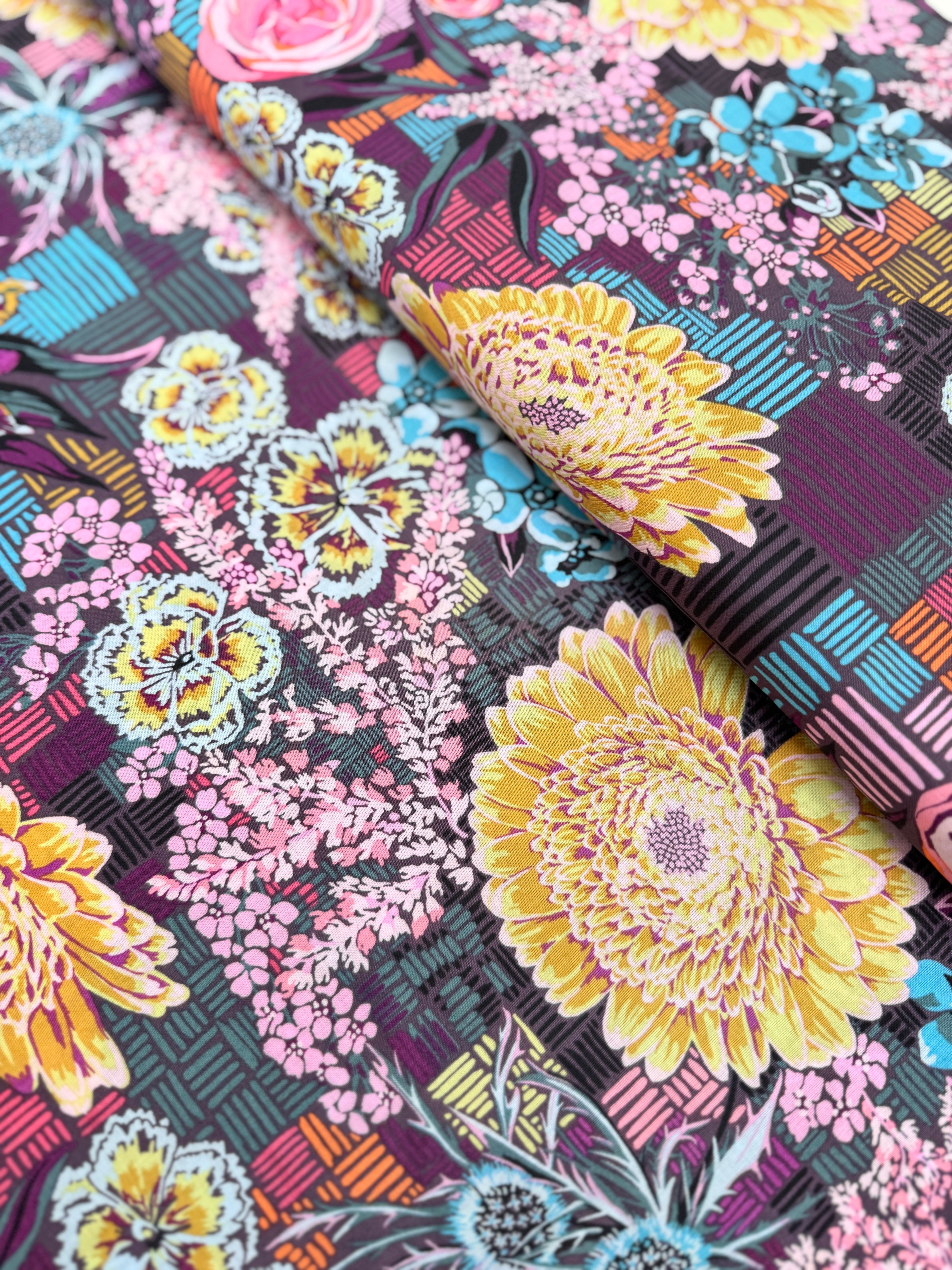 Love Always AM – Tapestry Autumn Cotton Lawn by Anna Maria Horner with intricate fall florals in rust, plum, and olive on soft cotton lawn.