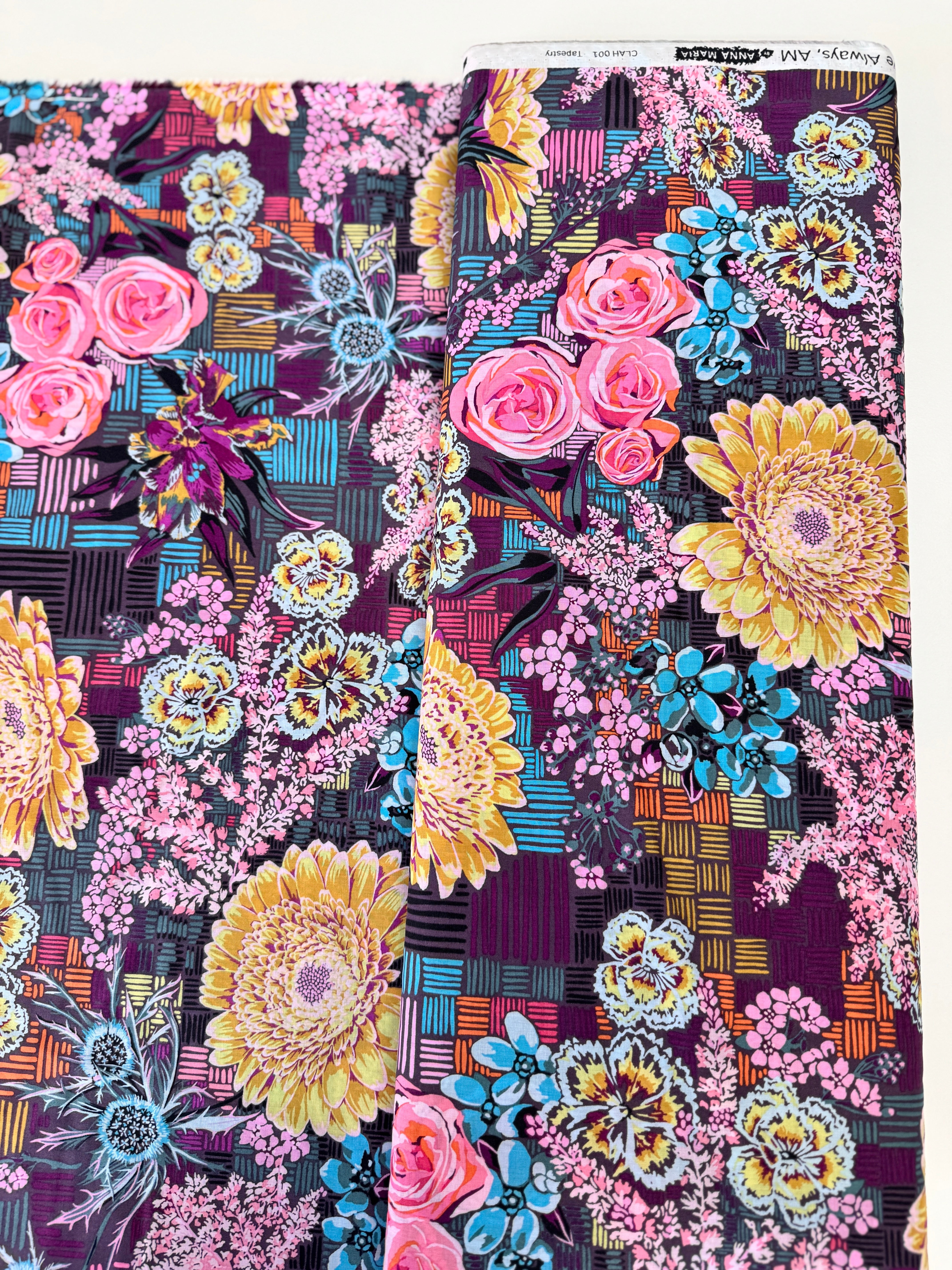 Love Always AM – Tapestry Autumn Cotton Lawn by Anna Maria Horner with intricate fall florals in rust, plum, and olive on soft cotton lawn.