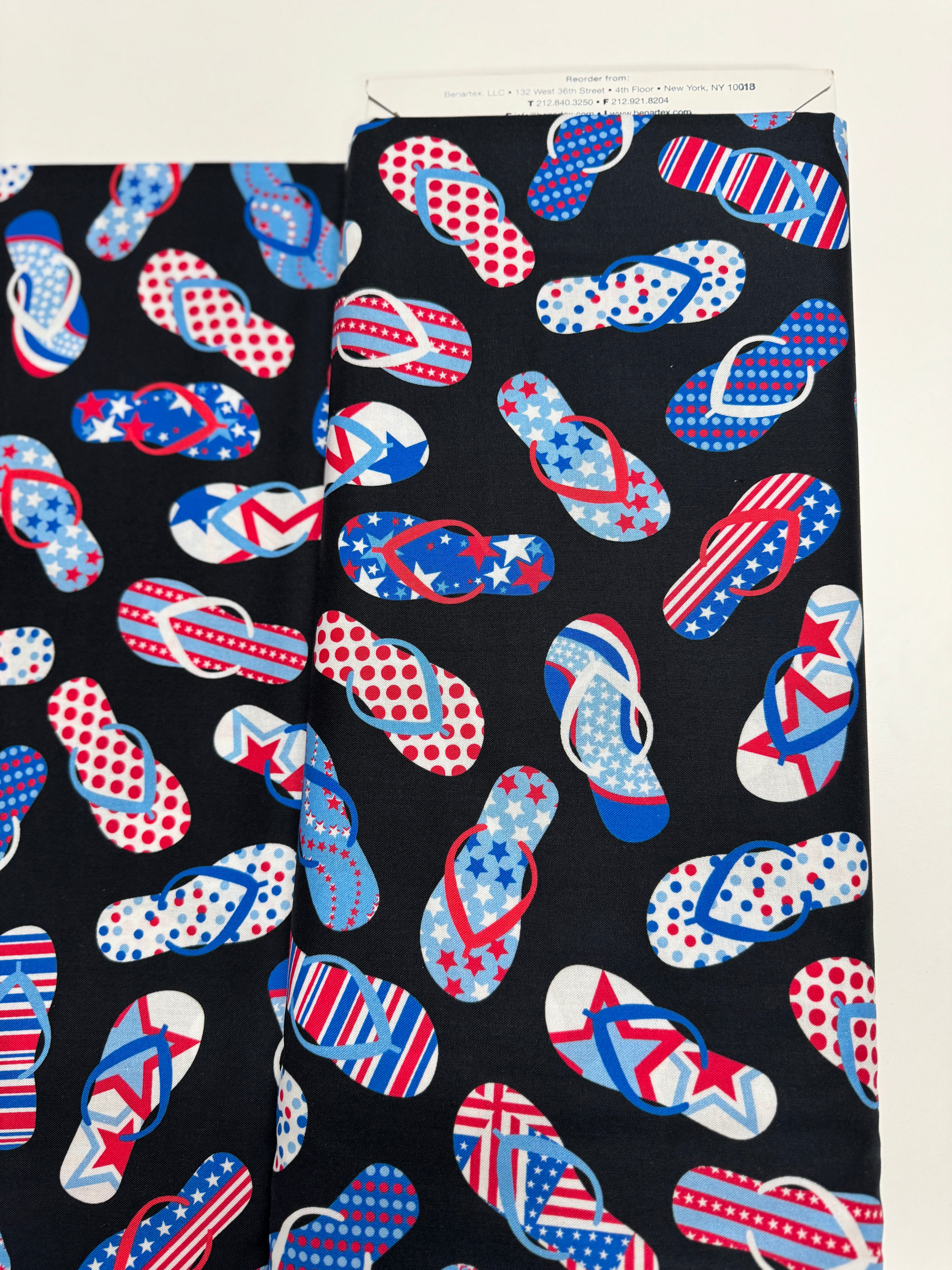 Red White & True Flip Flops on Black Fabric by Kanvas Studio – Patriotic summer cotton