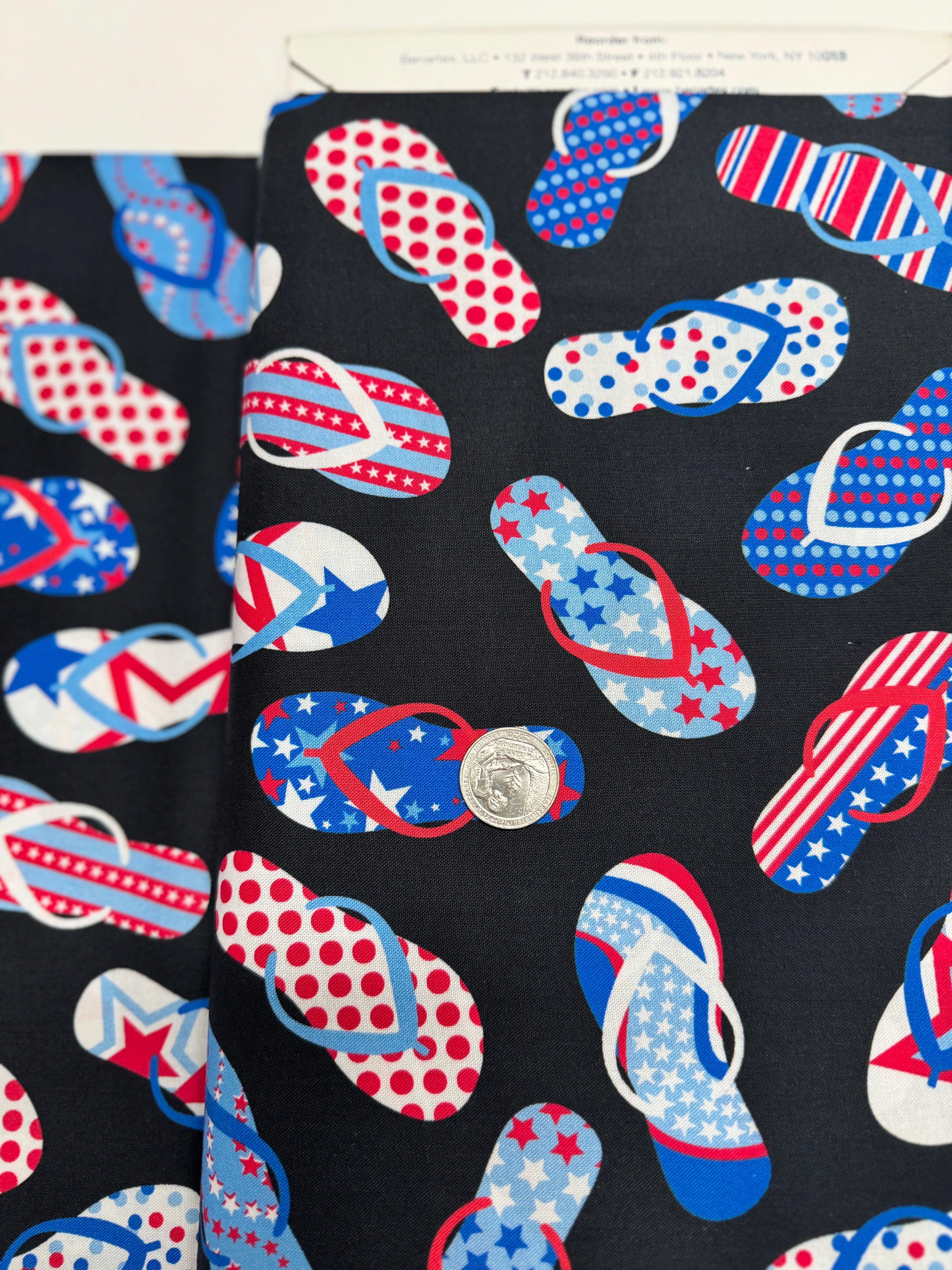 Red White & True Flip Flops on Black Fabric by Kanvas Studio – Patriotic summer cotton