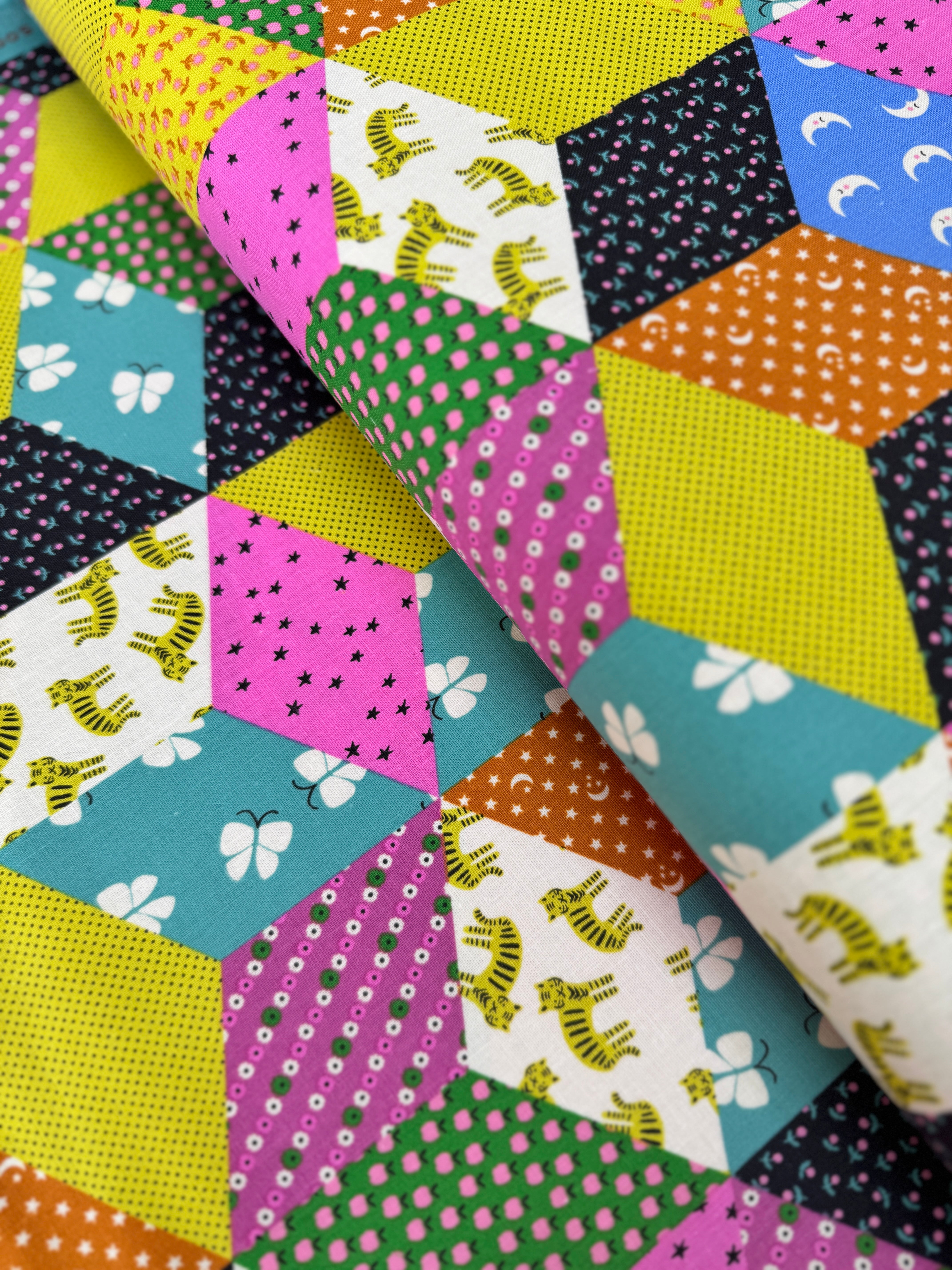 Ooh Lucky Lucky Citron cotton canvas by Ruby Star Society – Alexia Abegg – bold typography motifs in bright citron and charcoal tones.