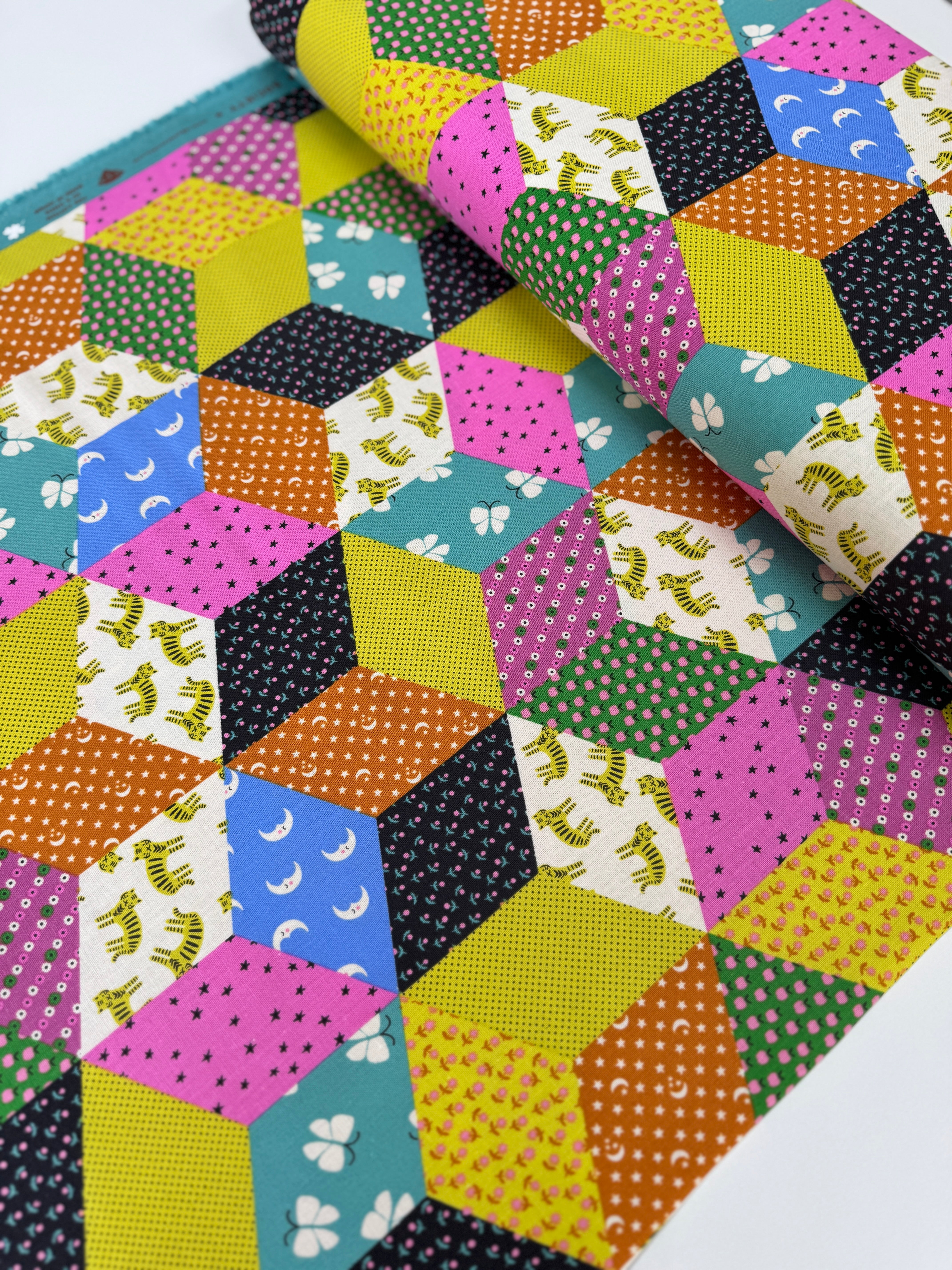 Ooh Lucky Lucky Citron cotton canvas by Ruby Star Society – Alexia Abegg – bold typography motifs in bright citron and charcoal tones.