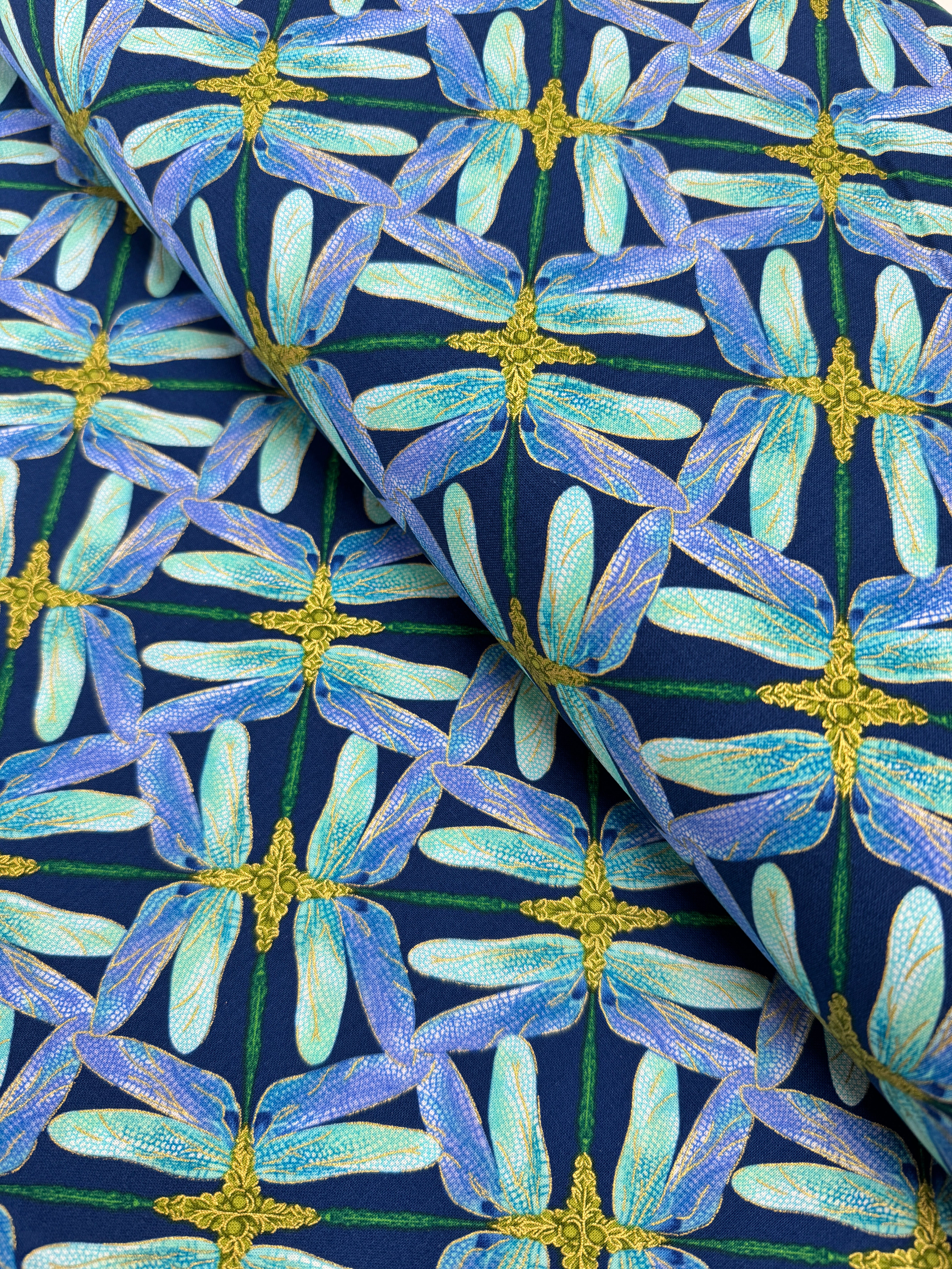 Dance of the Dragonfly Pinwheel Geo navy/periwinkle metallic quilting cotton by Kanvas Studio for Benartex featuring pinwheels and dragonflies.