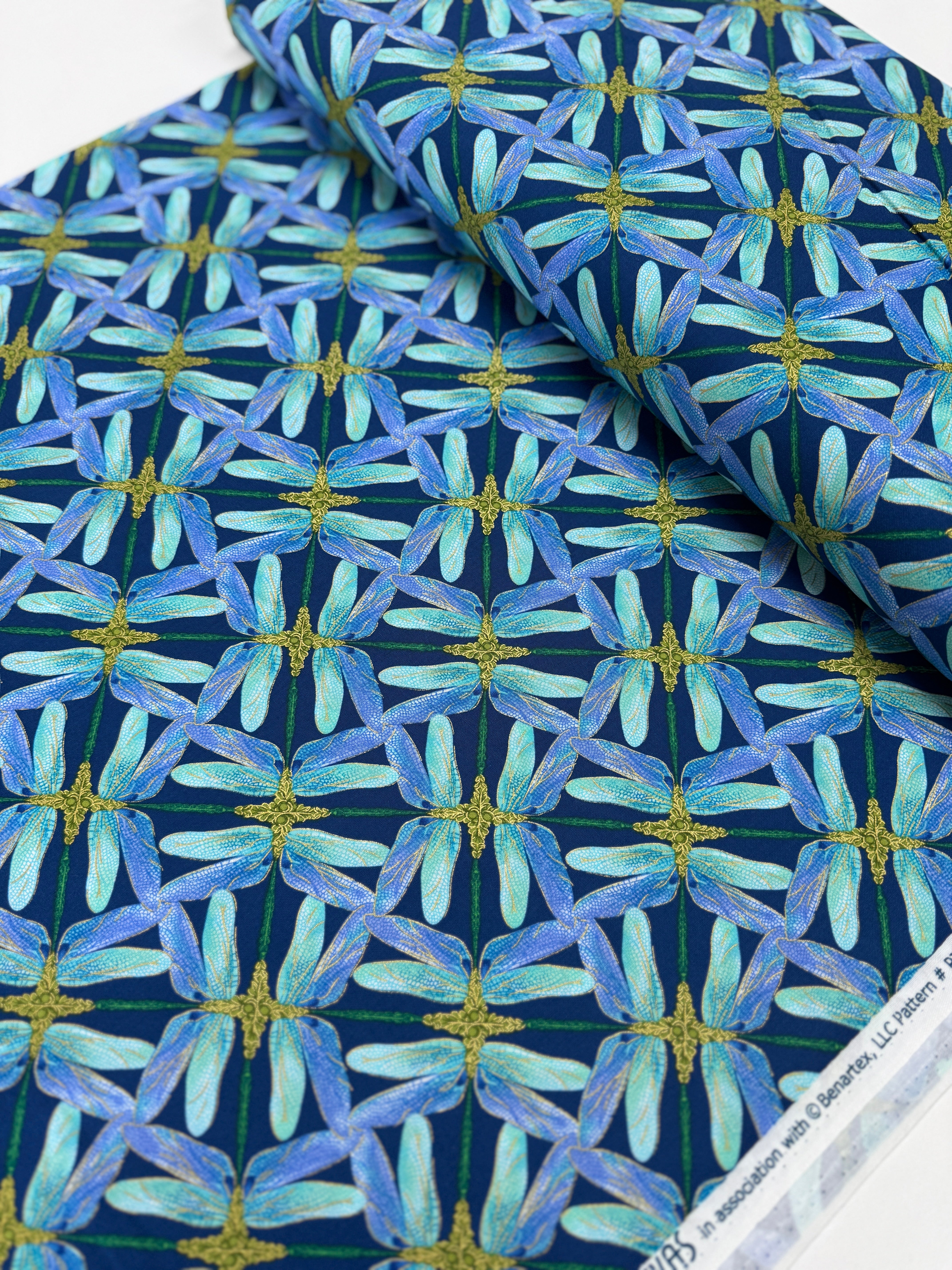Dance of the Dragonfly Pinwheel Geo navy/periwinkle metallic quilting cotton by Kanvas Studio for Benartex featuring pinwheels and dragonflies.