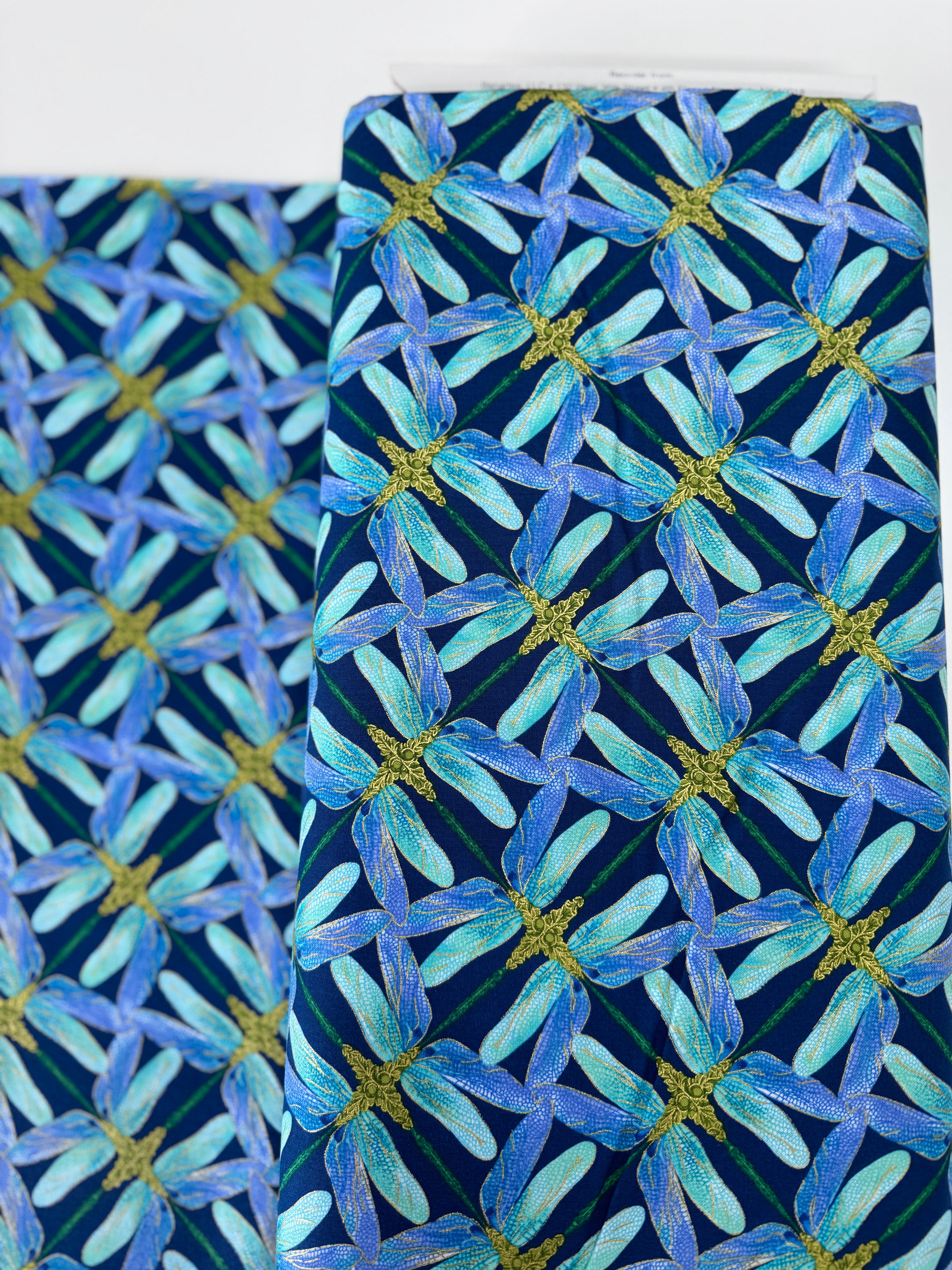 Dance of the Dragonfly Pinwheel Geo navy/periwinkle metallic quilting cotton by Kanvas Studio for Benartex featuring pinwheels and dragonflies.
