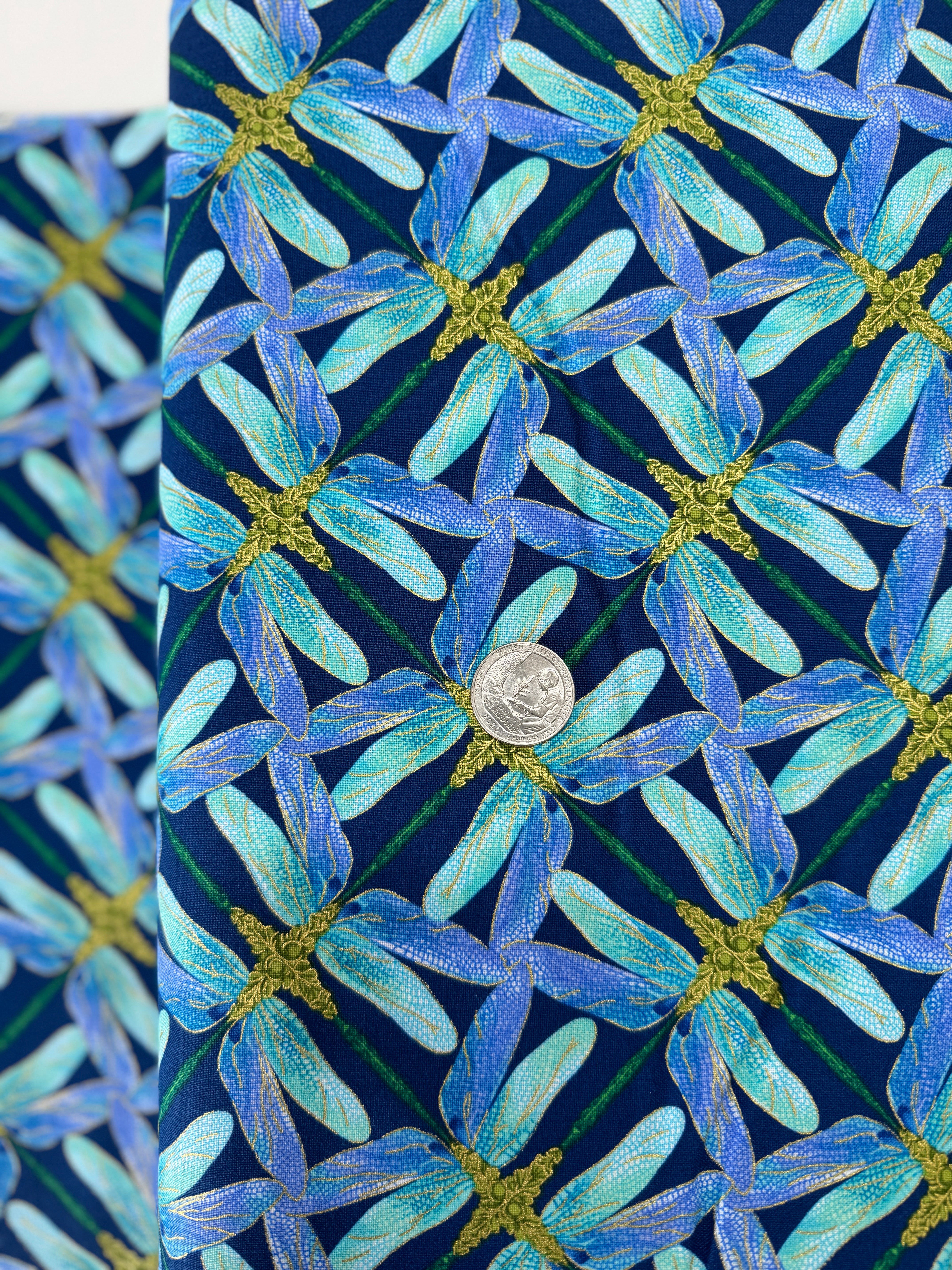 Dance of the Dragonfly Pinwheel Geo navy/periwinkle metallic quilting cotton by Kanvas Studio for Benartex featuring pinwheels and dragonflies.