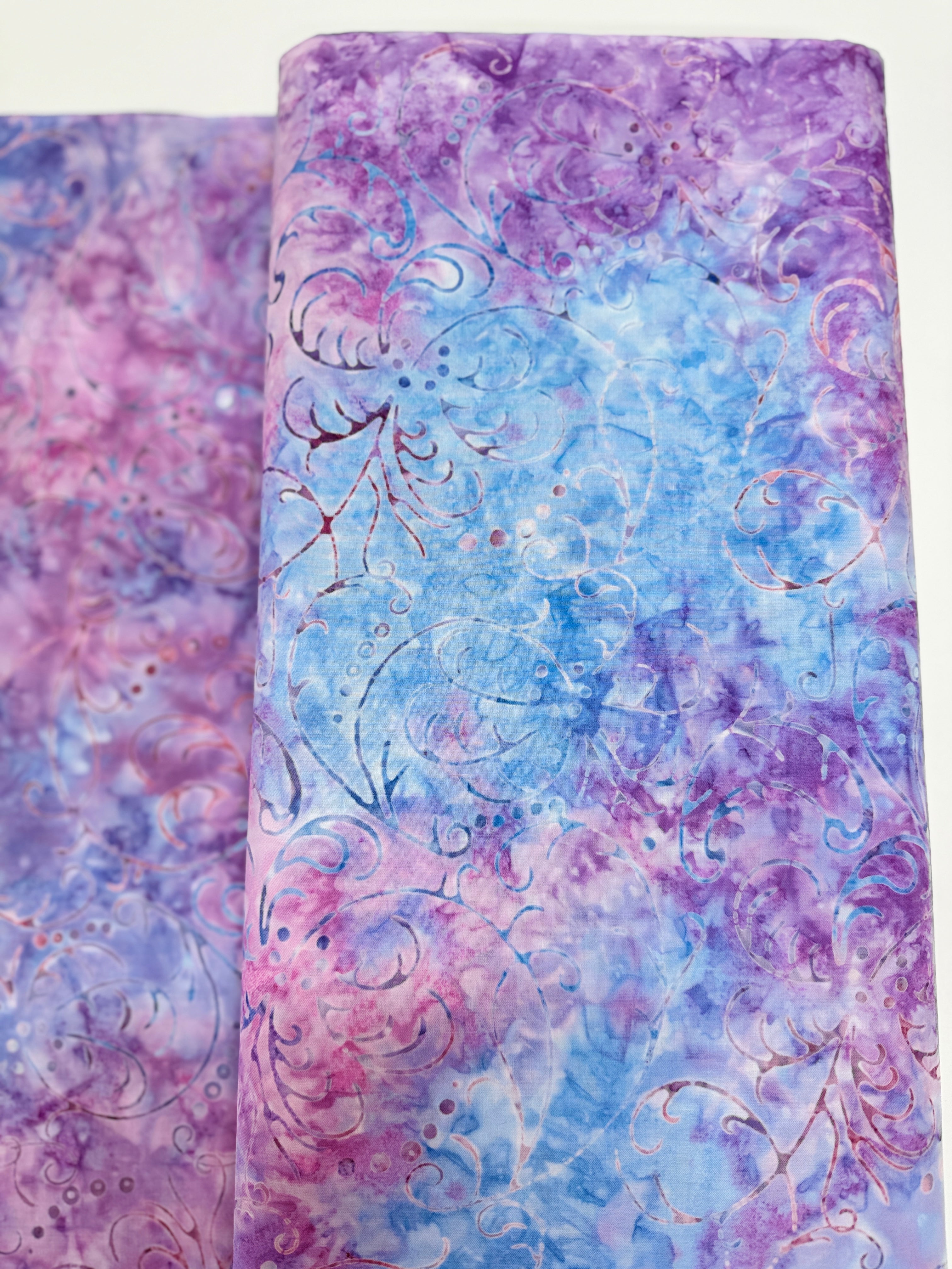 Best of Malam Batiks Feather Blue Mauve Fabric by Jinny Beyer – Hand-dyed cotton batik from RJR Fabrics