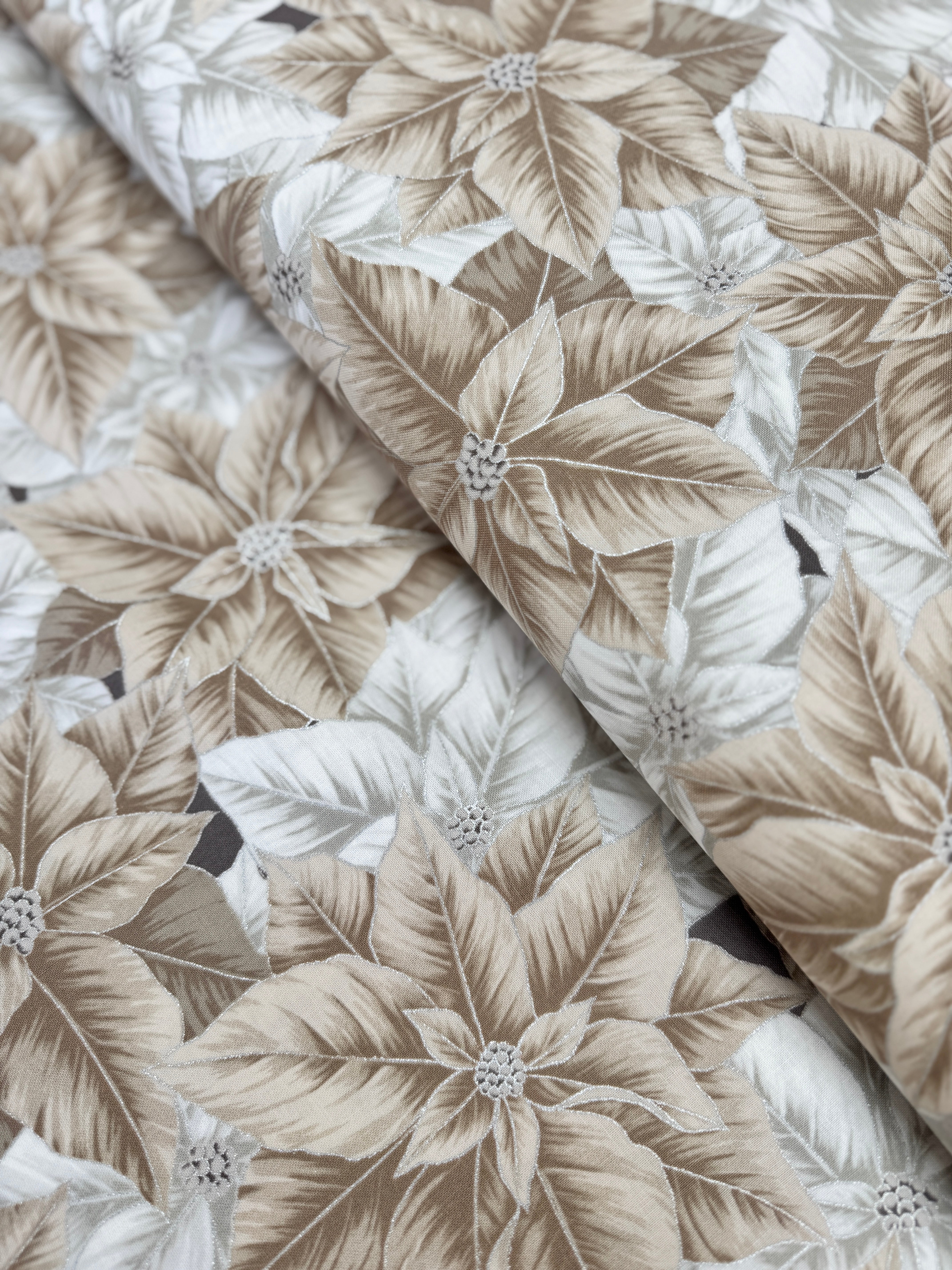 Holiday Flourish Packed Poinsettias Blanc silver metallic cotton fabric by Studio RK for Robert Kaufman – festive poinsettia pattern on white background
