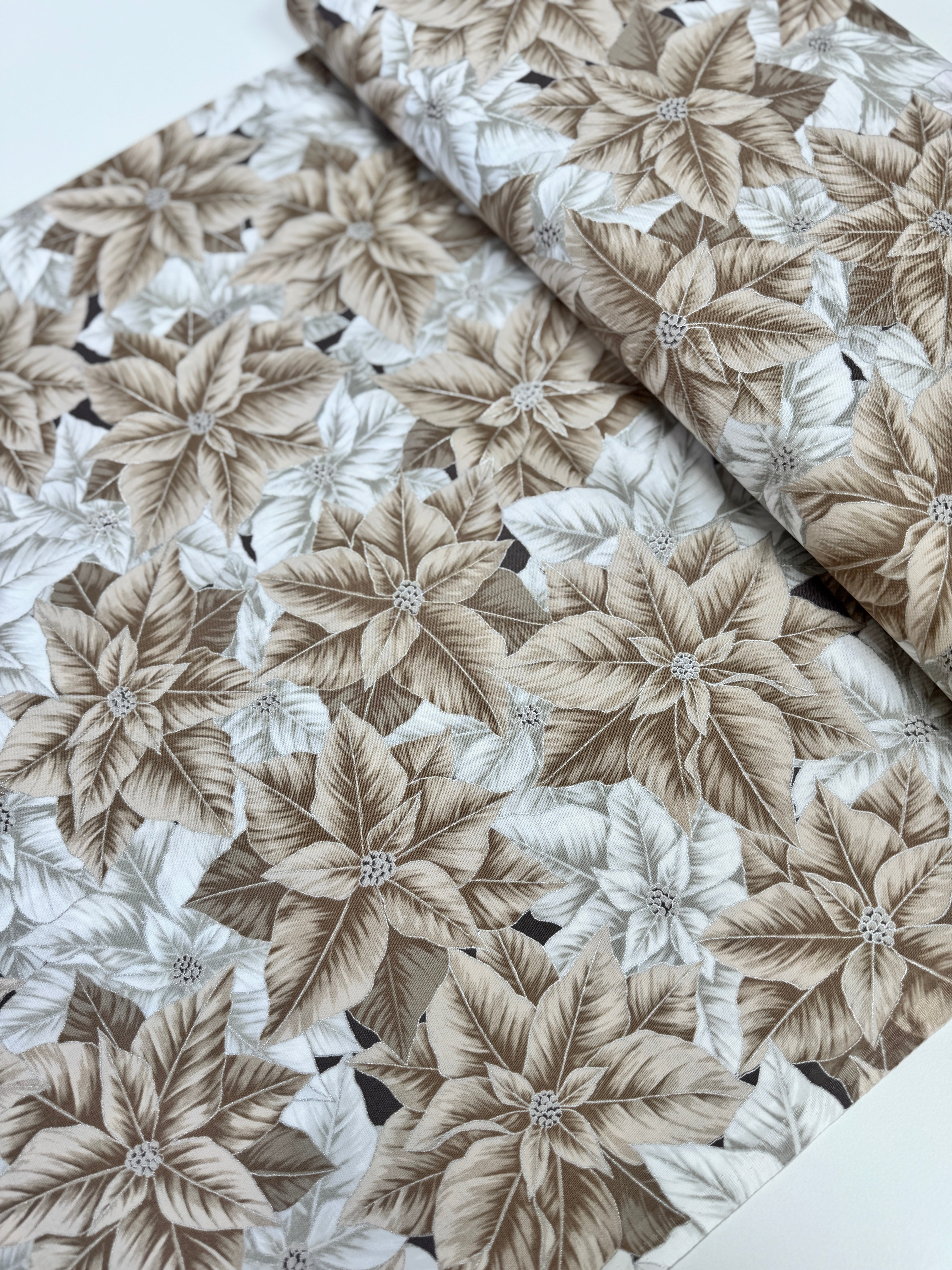 Holiday Flourish Packed Poinsettias Blanc silver metallic cotton fabric by Studio RK for Robert Kaufman – festive poinsettia pattern on white background